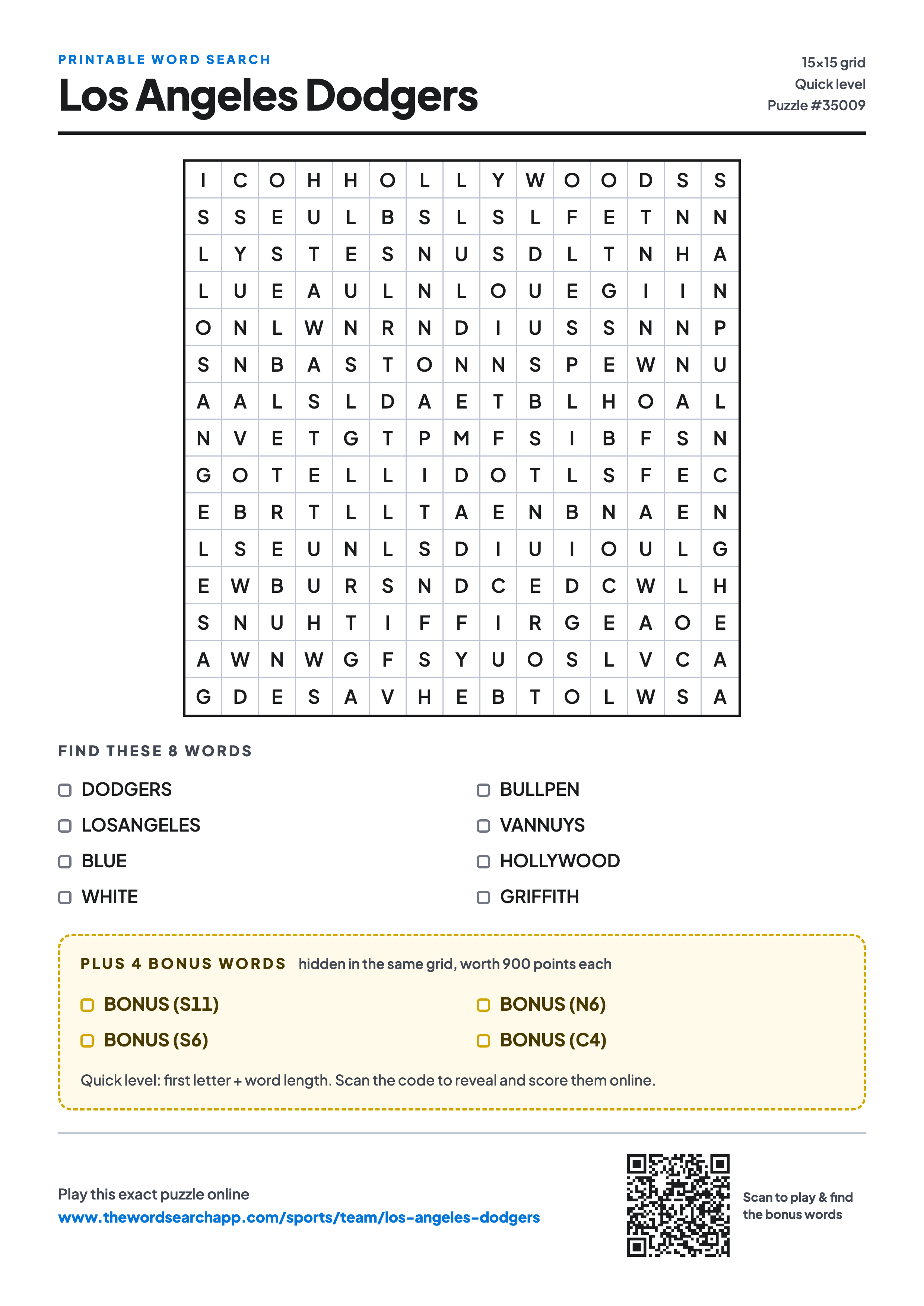 Printable Los Angeles Dodgers word search — 15×15 letter grid with 8 words to find including DODGERS, LOSANGELES, BLUE, plus 4 hidden bonus words