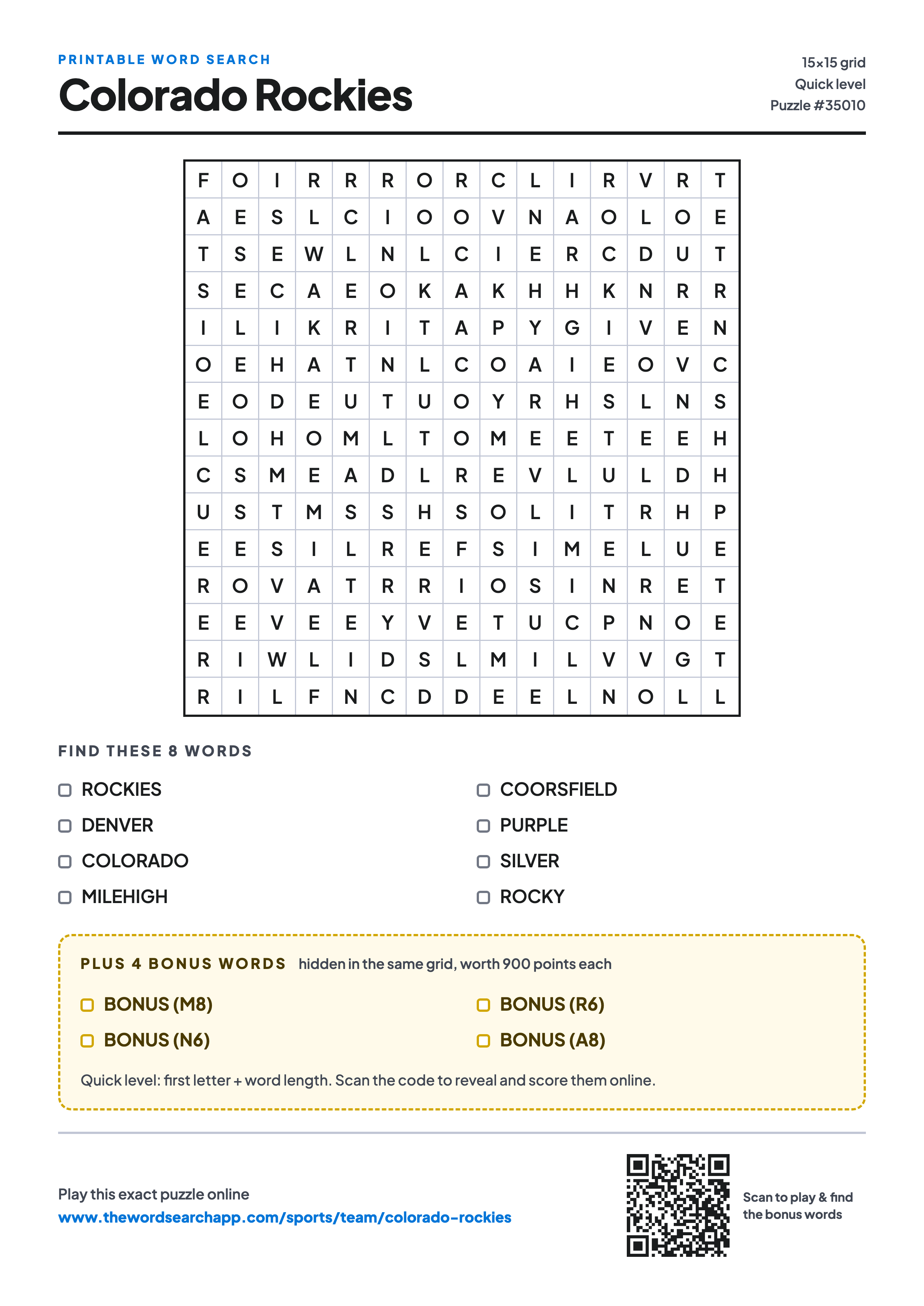 Printable Colorado Rockies word search — 15×15 letter grid with 8 words to find including ROCKIES, DENVER, COLORADO, plus 4 hidden bonus words