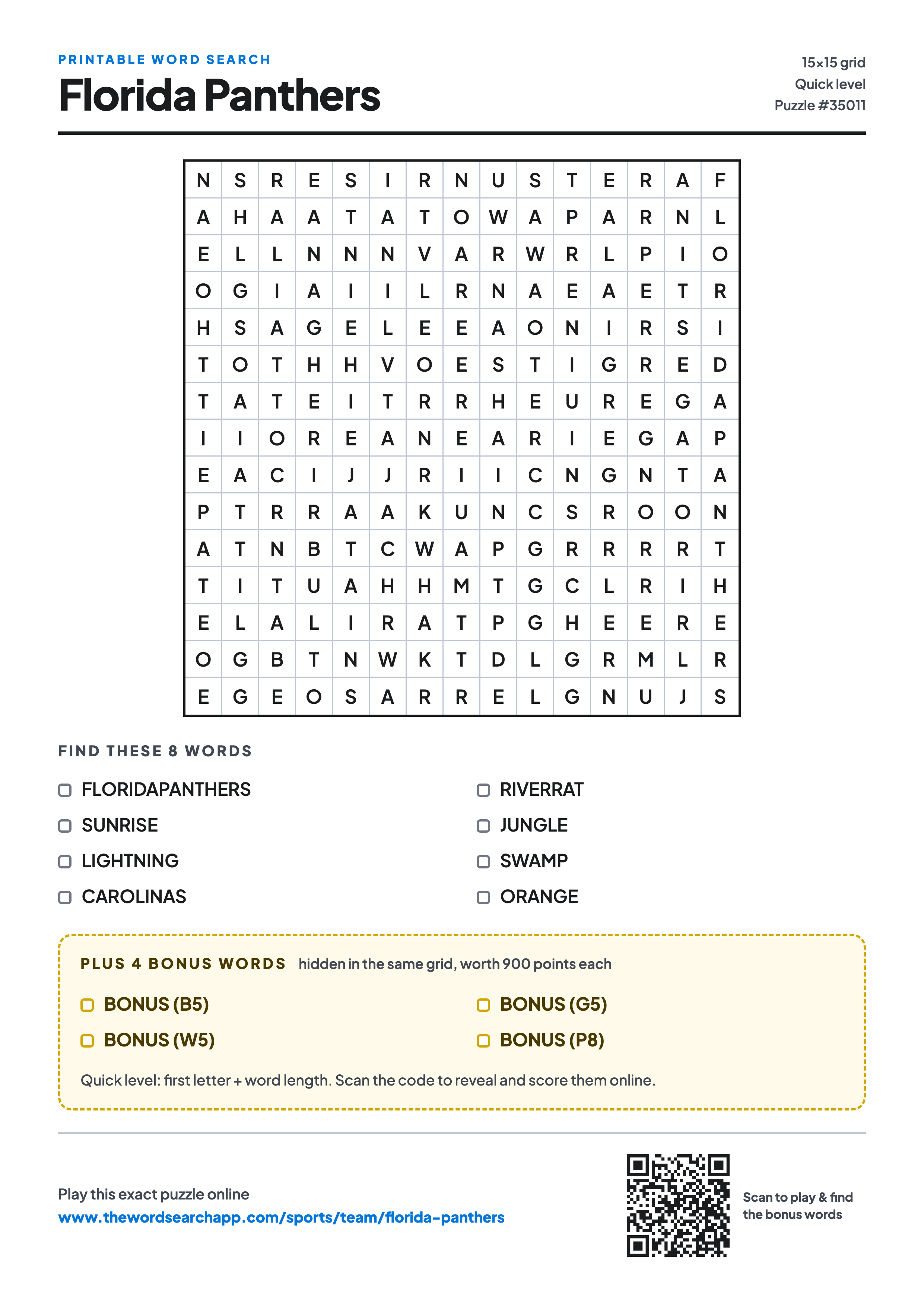 Printable Florida Panthers word search — 15×15 letter grid with 8 words to find including FLORIDAPANTHERS, SUNRISE, LIGHTNING, plus 4 hidden bonus words