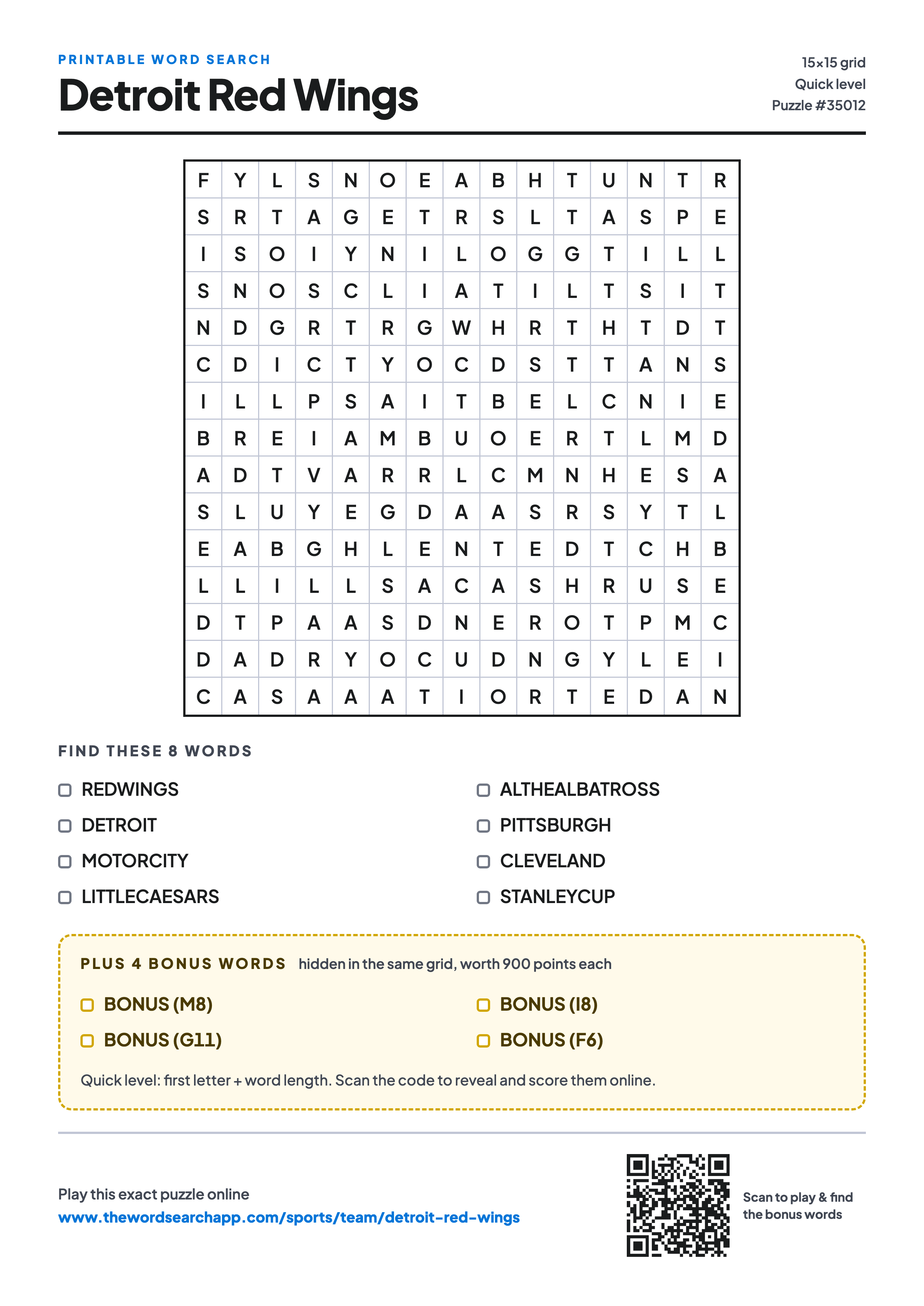 Printable Detroit Red Wings word search — 15×15 letter grid with 8 words to find including REDWINGS, DETROIT, MOTORCITY, plus 4 hidden bonus words