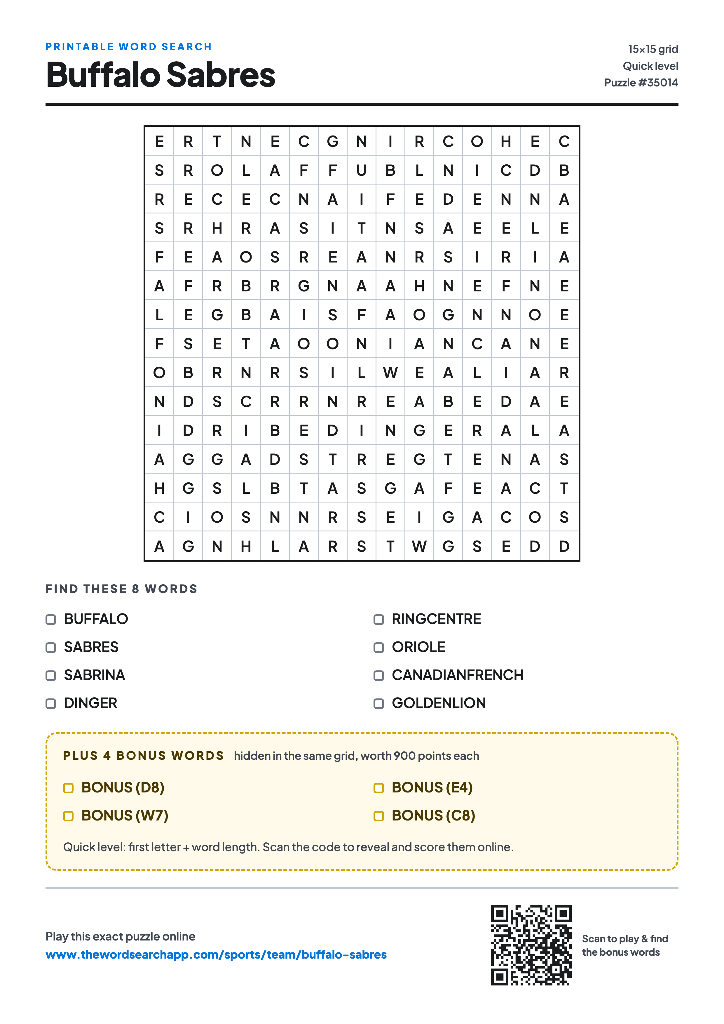Printable Buffalo Sabres word search — 15×15 letter grid with 8 words to find including BUFFALO, SABRES, SABRINA, plus 4 hidden bonus words