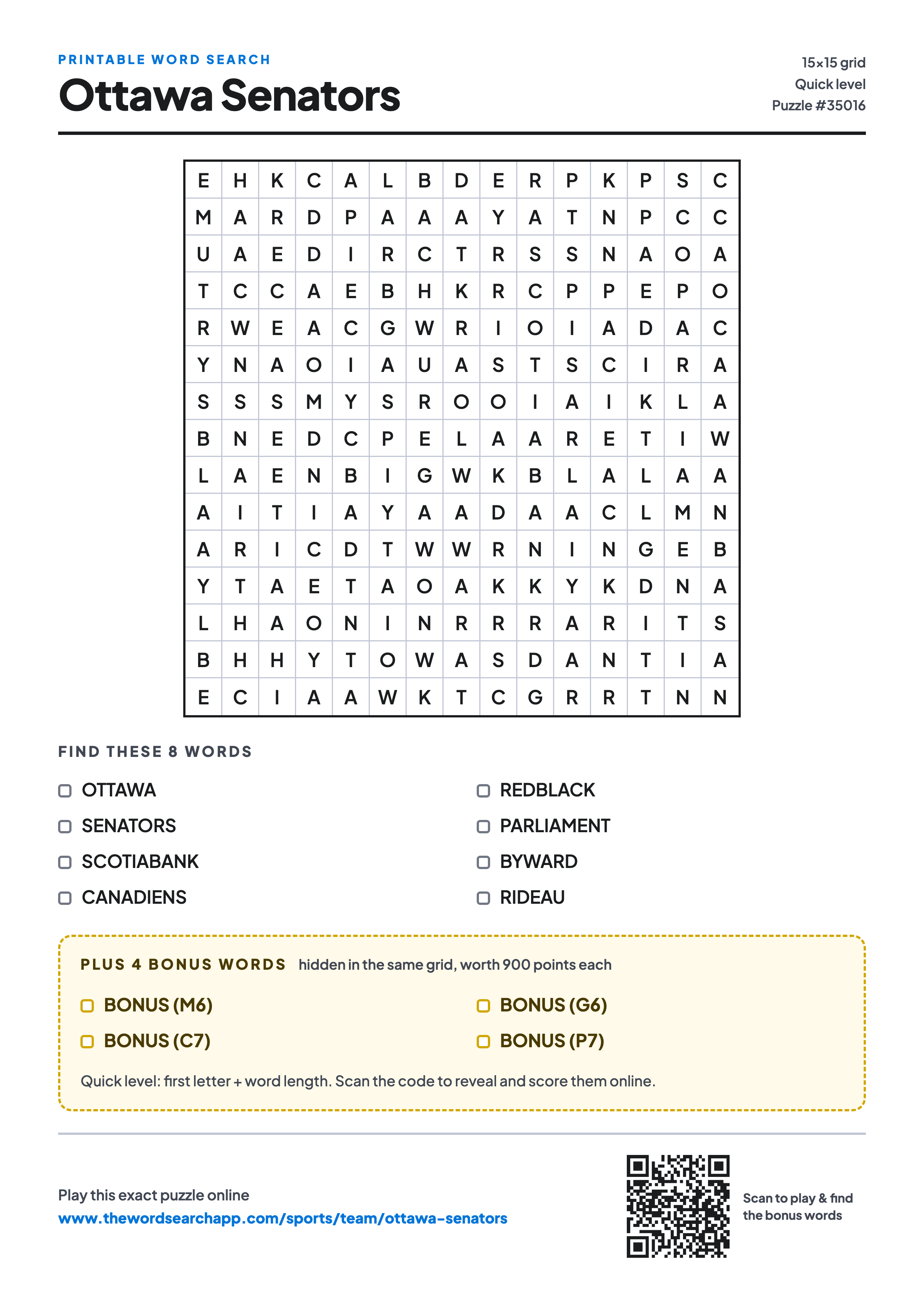 Printable Ottawa Senators word search — 15×15 letter grid with 8 words to find including OTTAWA, SENATORS, SCOTIABANK, plus 4 hidden bonus words