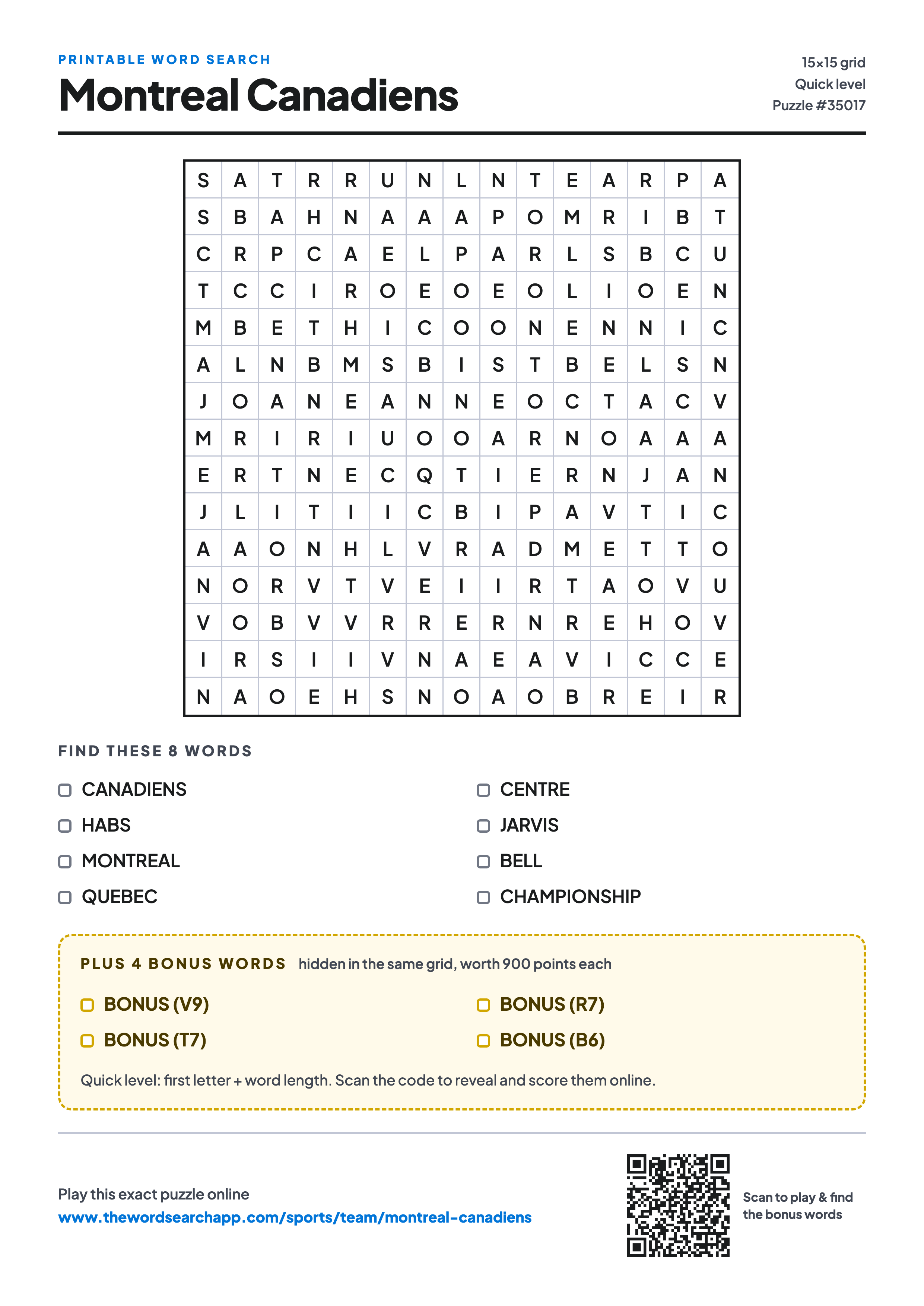 Printable Montreal Canadiens word search — 15×15 letter grid with 8 words to find including CANADIENS, HABS, MONTREAL, plus 4 hidden bonus words