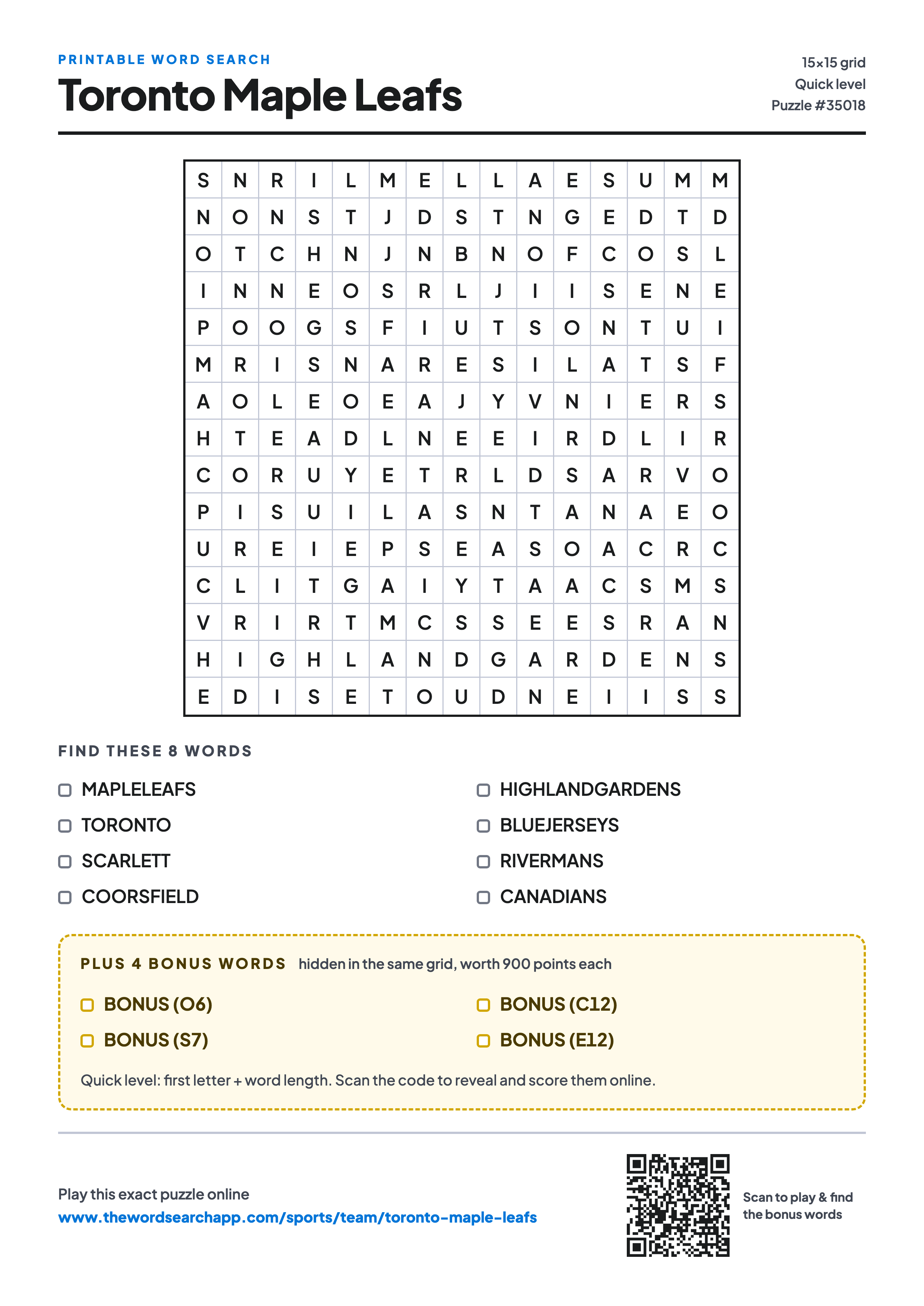 Printable Toronto Maple Leafs word search — 15×15 letter grid with 8 words to find including MAPLELEAFS, TORONTO, SCARLETT, plus 4 hidden bonus words