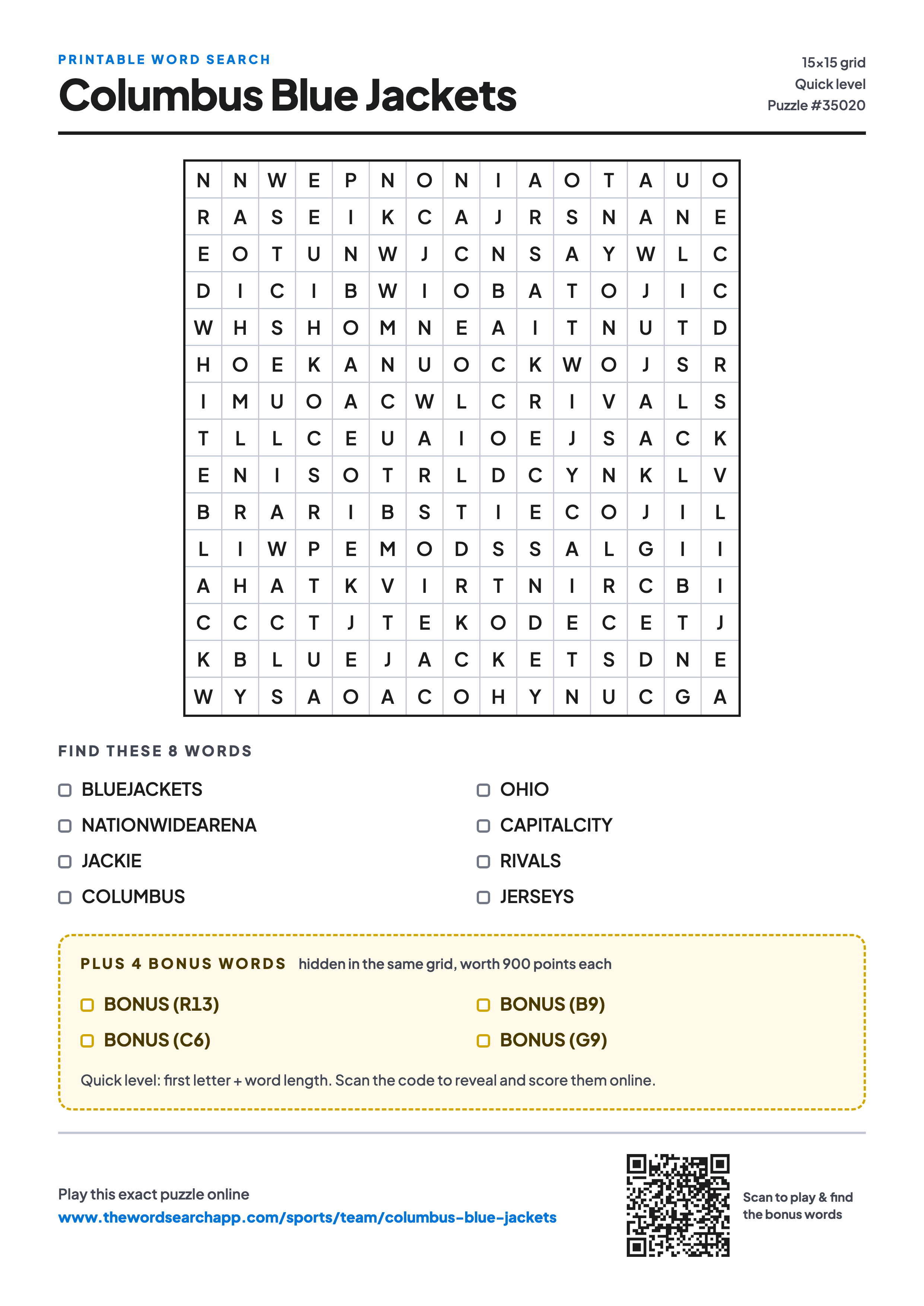 Printable Columbus Blue Jackets word search — 15×15 letter grid with 8 words to find including BLUEJACKETS, NATIONWIDEARENA, JACKIE, plus 4 hidden bonus words