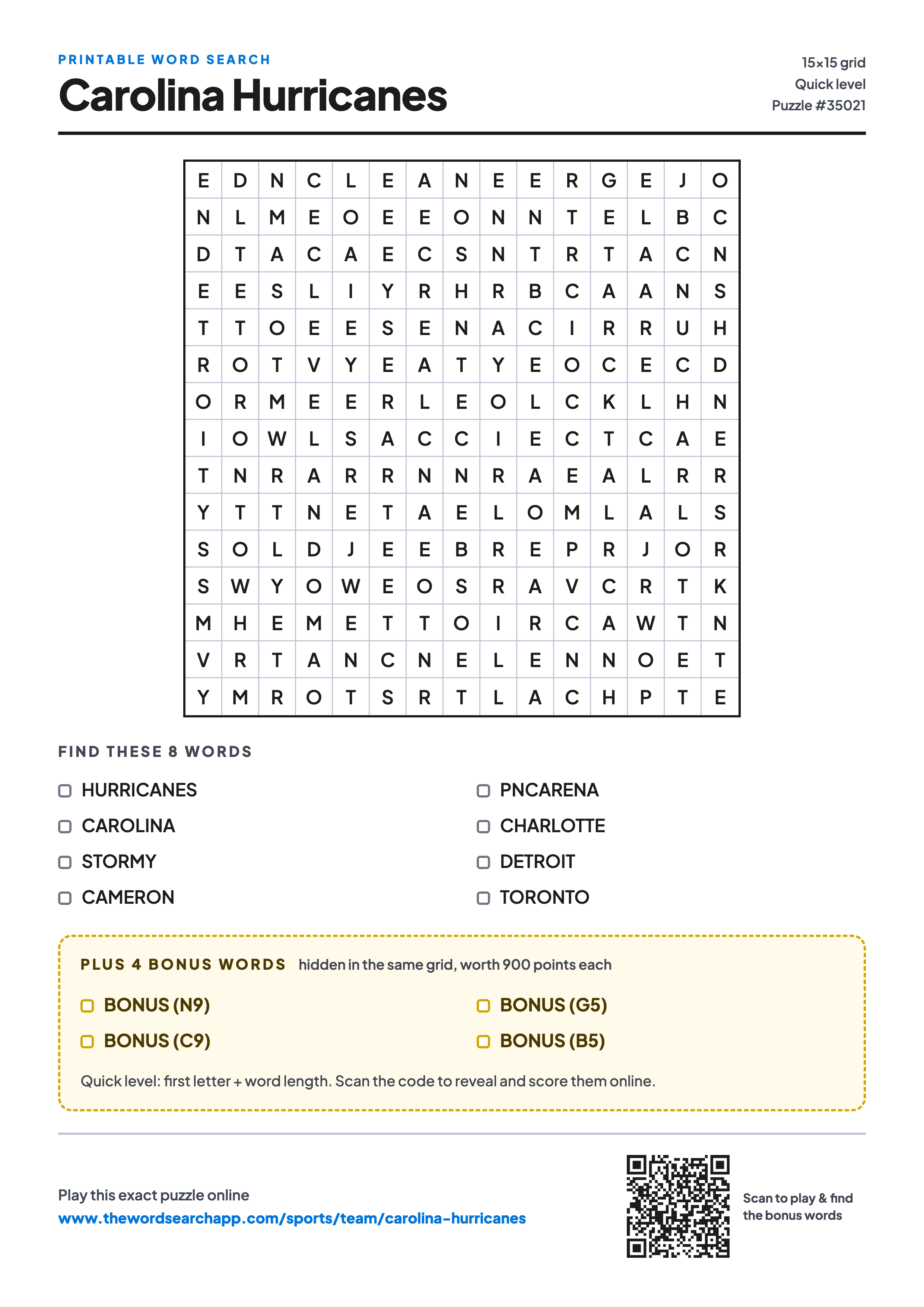 Printable Carolina Hurricanes word search — 15×15 letter grid with 8 words to find including HURRICANES, CAROLINA, STORMY, plus 4 hidden bonus words