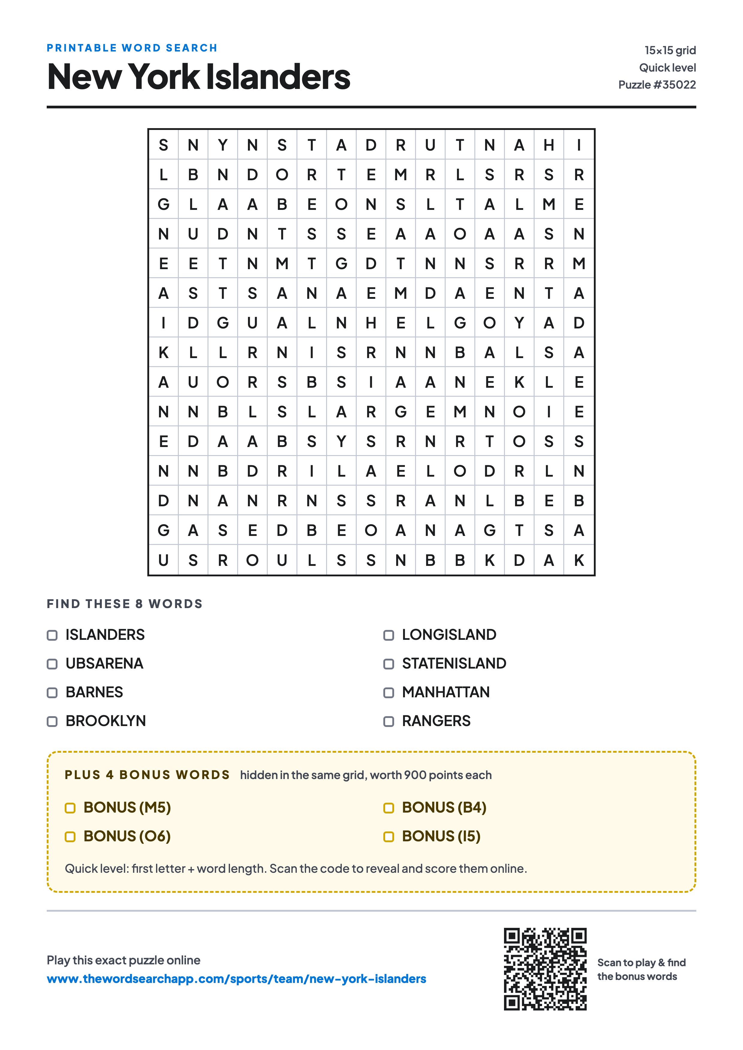 Printable New York Islanders word search — 15×15 letter grid with 8 words to find including ISLANDERS, UBSARENA, BARNES, plus 4 hidden bonus words