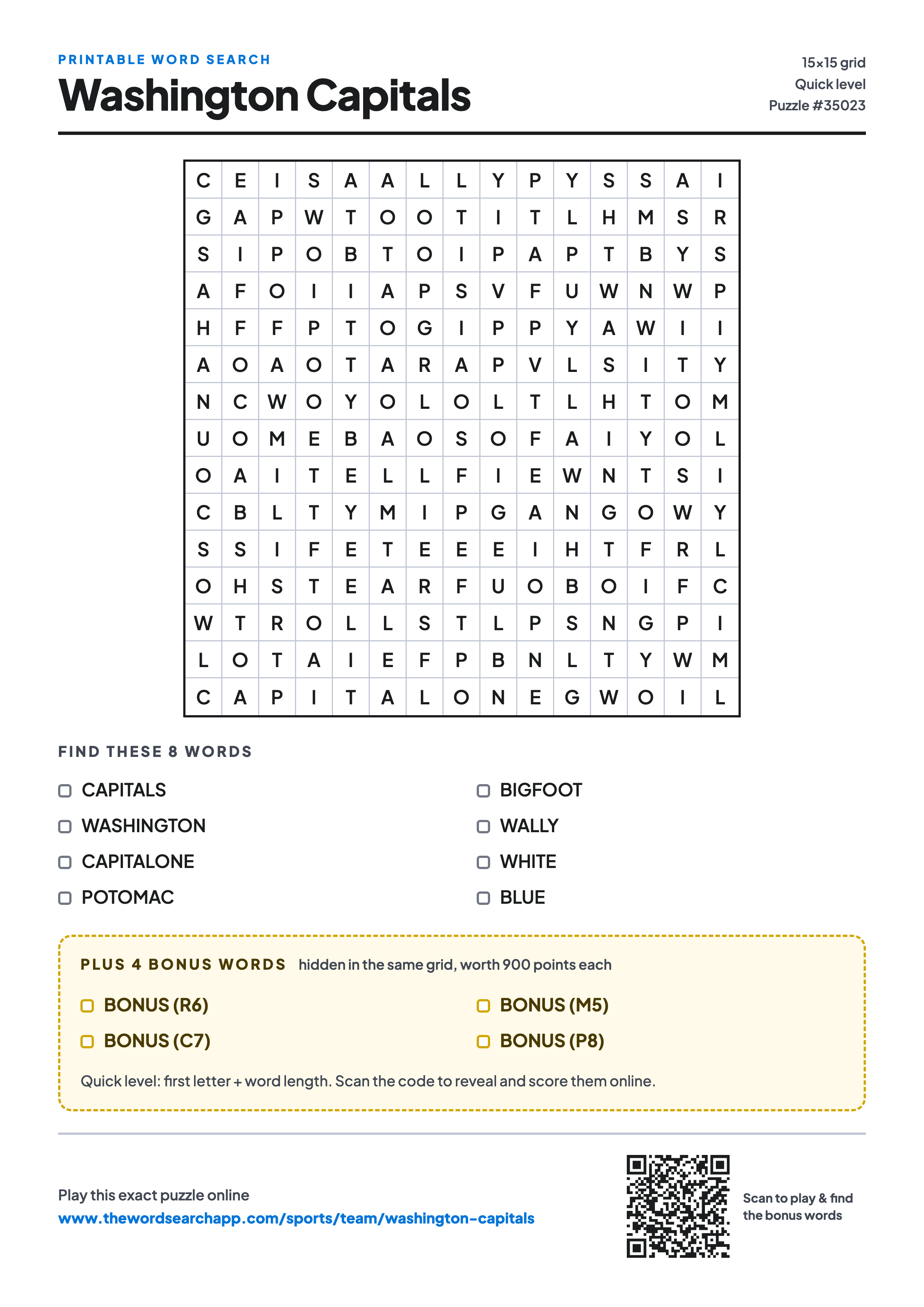 Printable Washington Capitals word search — 15×15 letter grid with 8 words to find including CAPITALS, WASHINGTON, CAPITALONE, plus 4 hidden bonus words