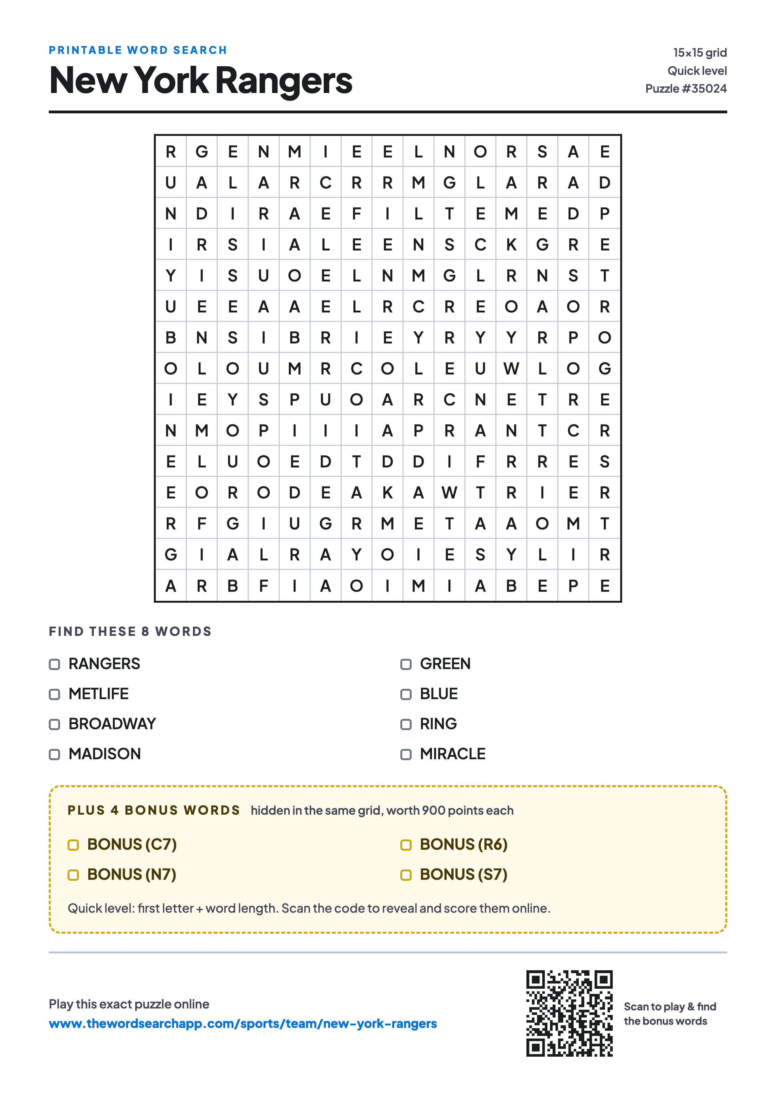 Printable New York Rangers word search — 15×15 letter grid with 8 words to find including RANGERS, METLIFE, BROADWAY, plus 4 hidden bonus words