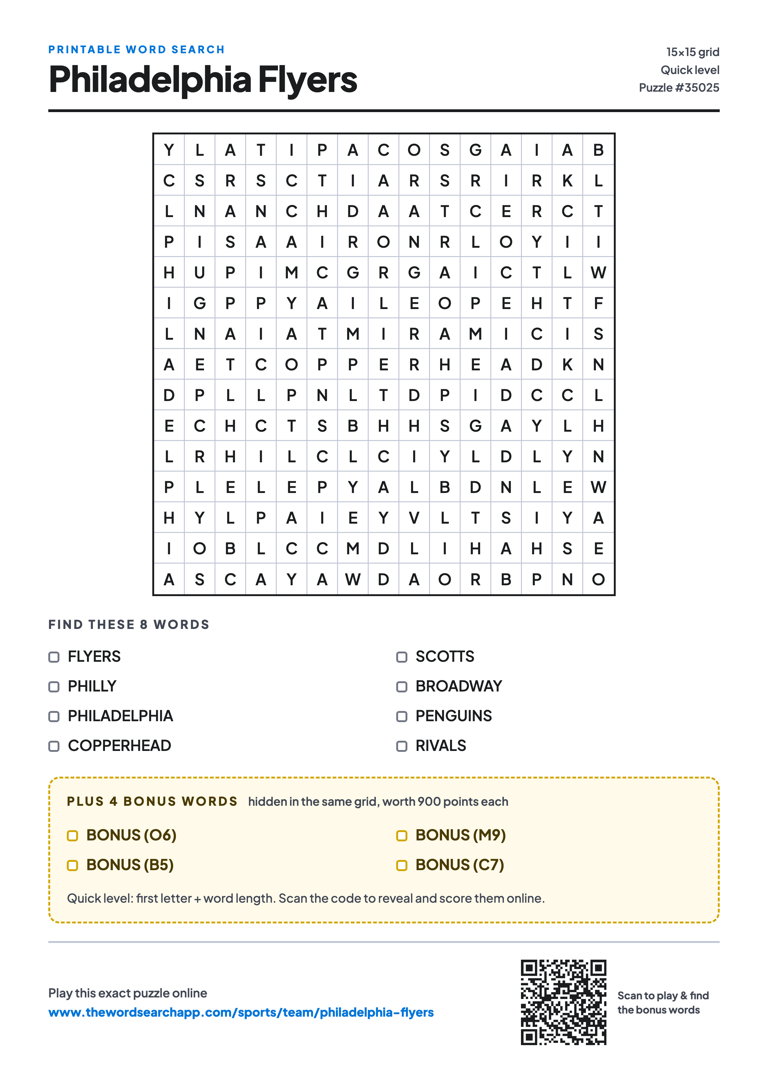 Printable Philadelphia Flyers word search — 15×15 letter grid with 8 words to find including FLYERS, PHILLY, PHILADELPHIA, plus 4 hidden bonus words