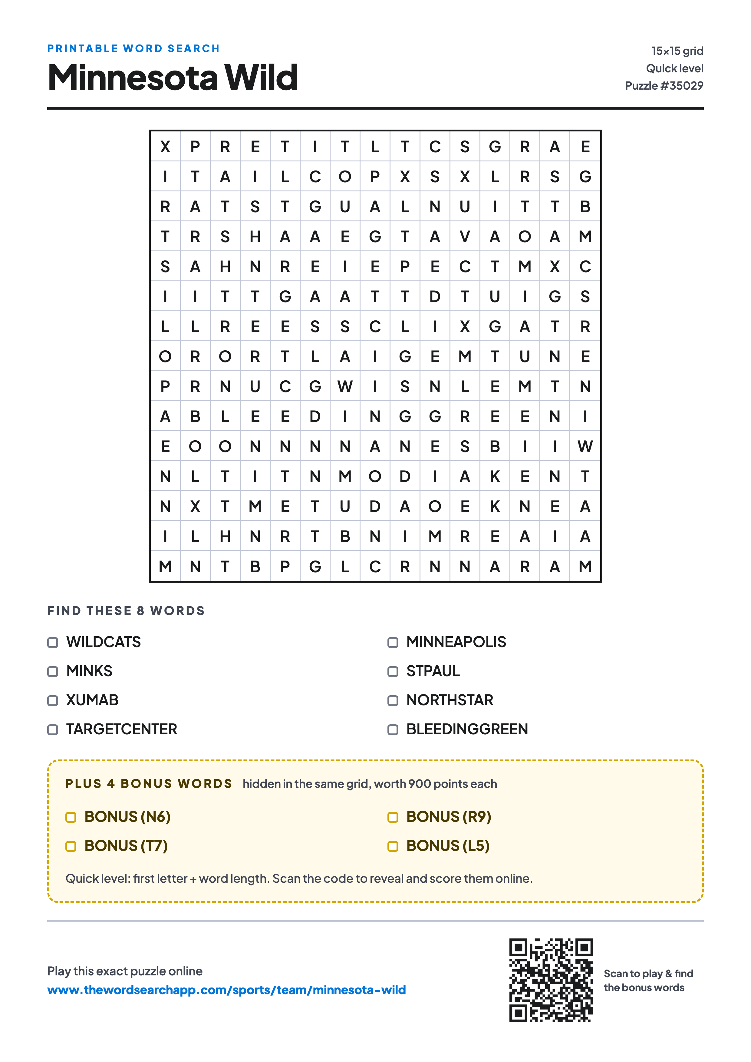 Printable Minnesota Wild word search — 15×15 letter grid with 8 words to find including WILDCATS, MINKS, XUMAB, plus 4 hidden bonus words