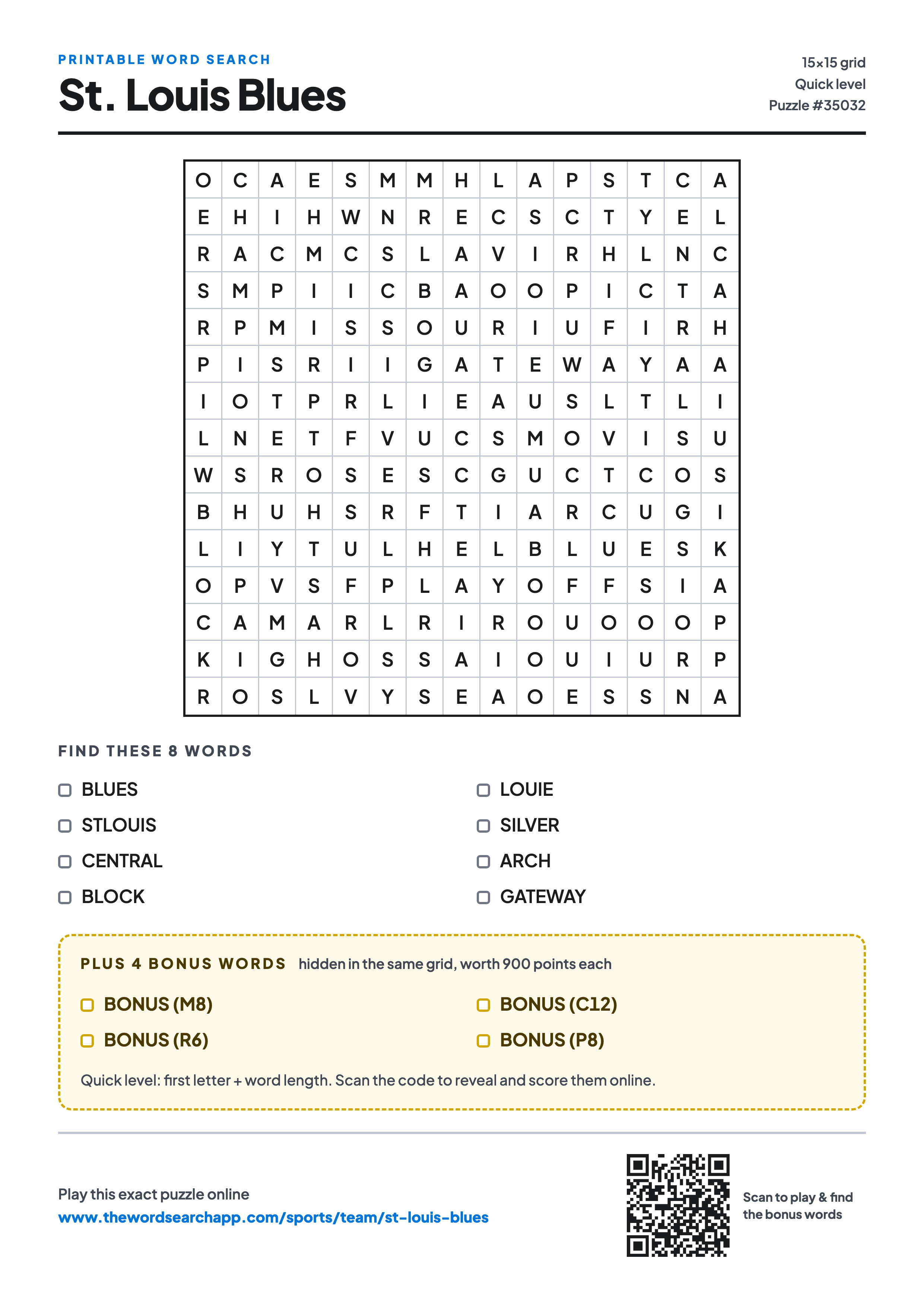 Printable St. Louis Blues word search — 15×15 letter grid with 8 words to find including BLUES, STLOUIS, CENTRAL, plus 4 hidden bonus words