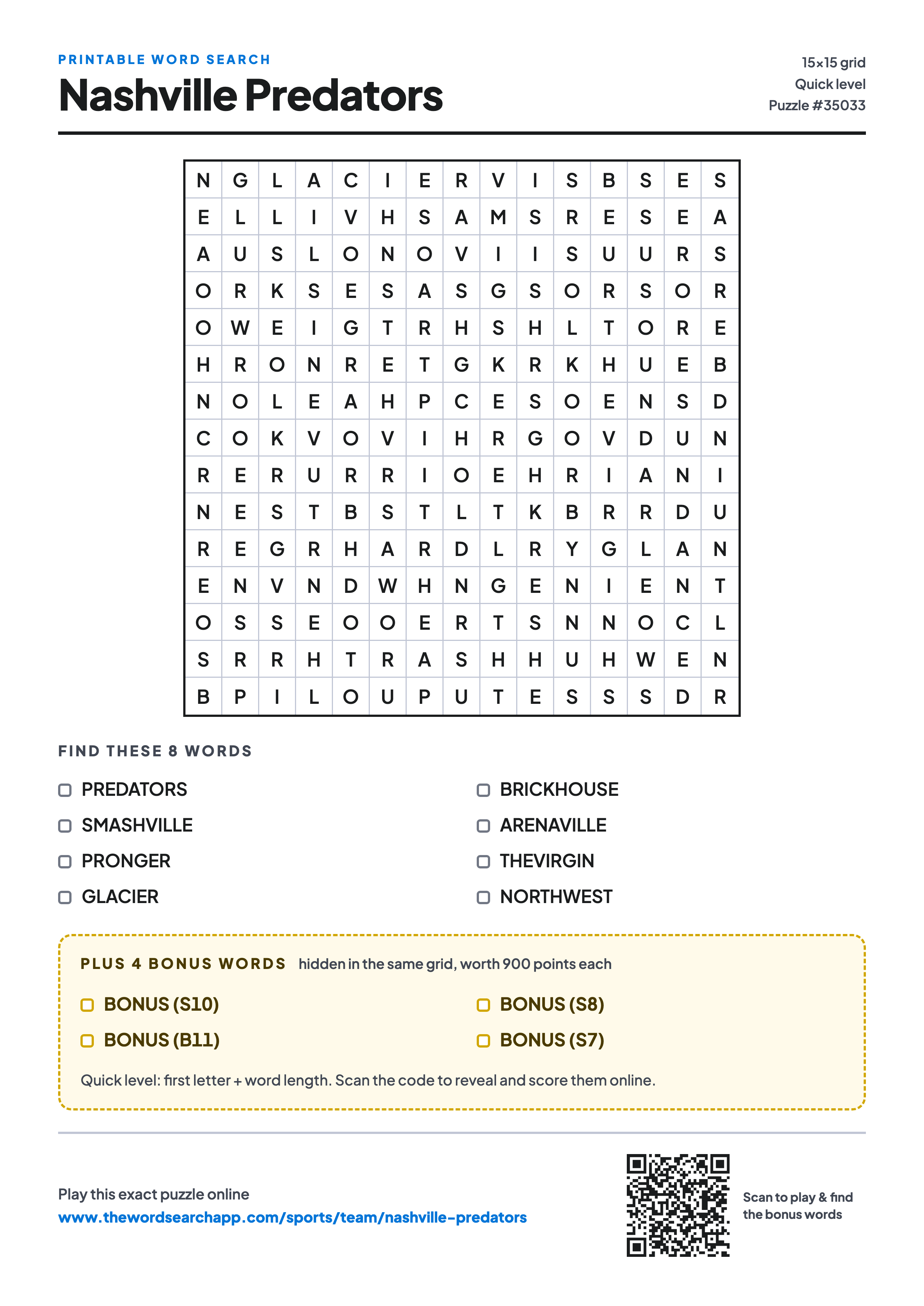Printable Nashville Predators word search — 15×15 letter grid with 8 words to find including PREDATORS, SMASHVILLE, PRONGER, plus 4 hidden bonus words