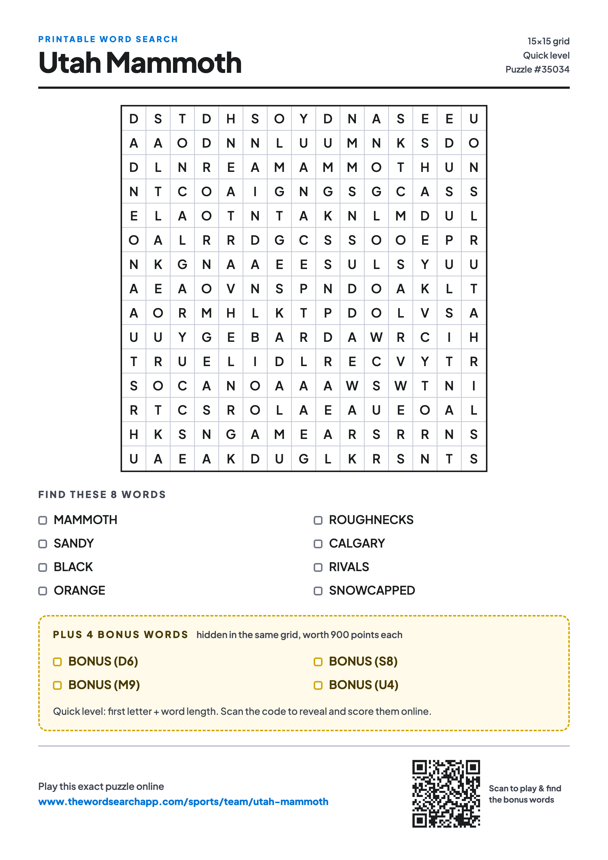 Printable Utah Mammoth word search — 15×15 letter grid with 8 words to find including MAMMOTH, SANDY, BLACK, plus 4 hidden bonus words