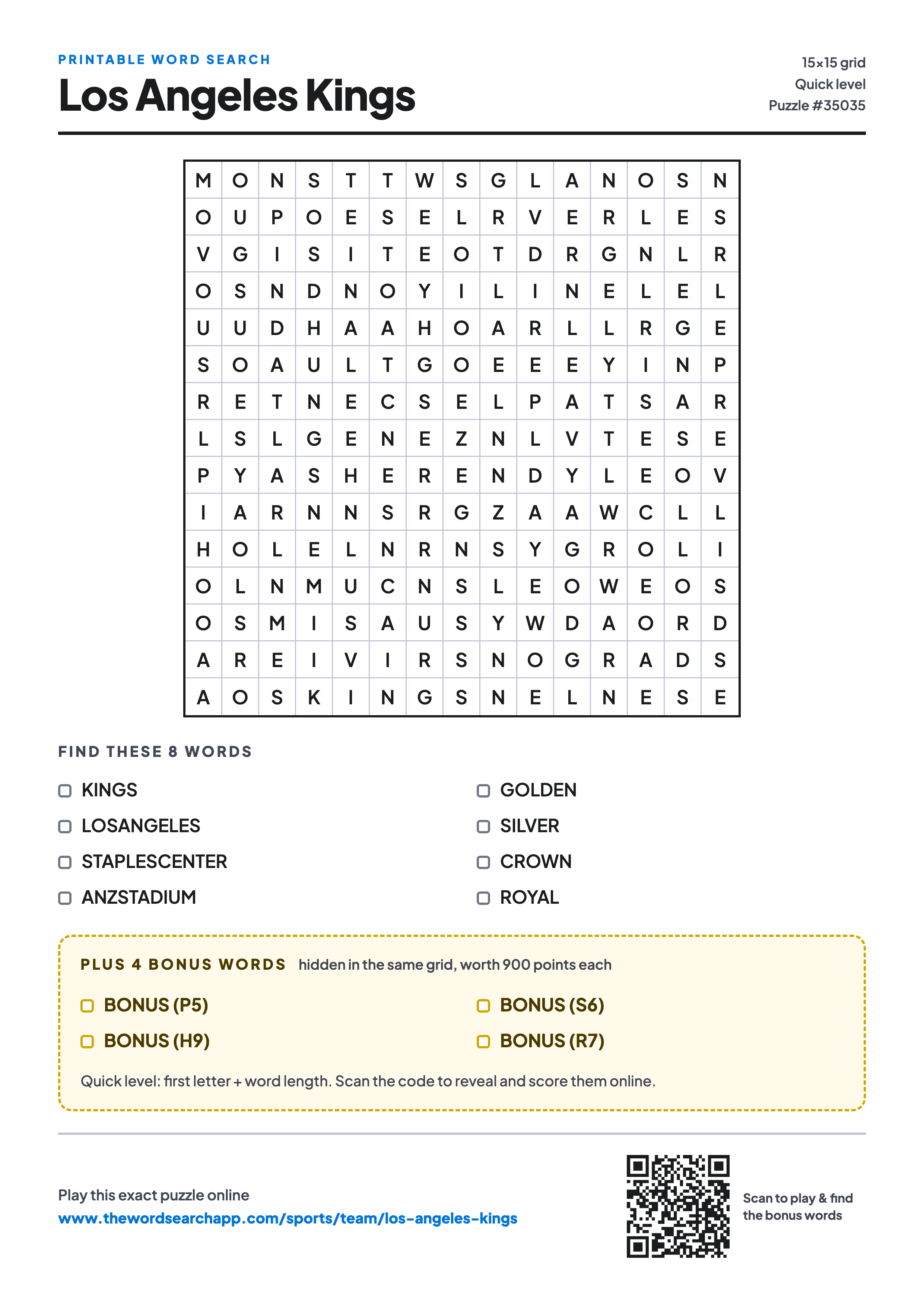 Printable Los Angeles Kings word search — 15×15 letter grid with 8 words to find including KINGS, LOSANGELES, STAPLESCENTER, plus 4 hidden bonus words