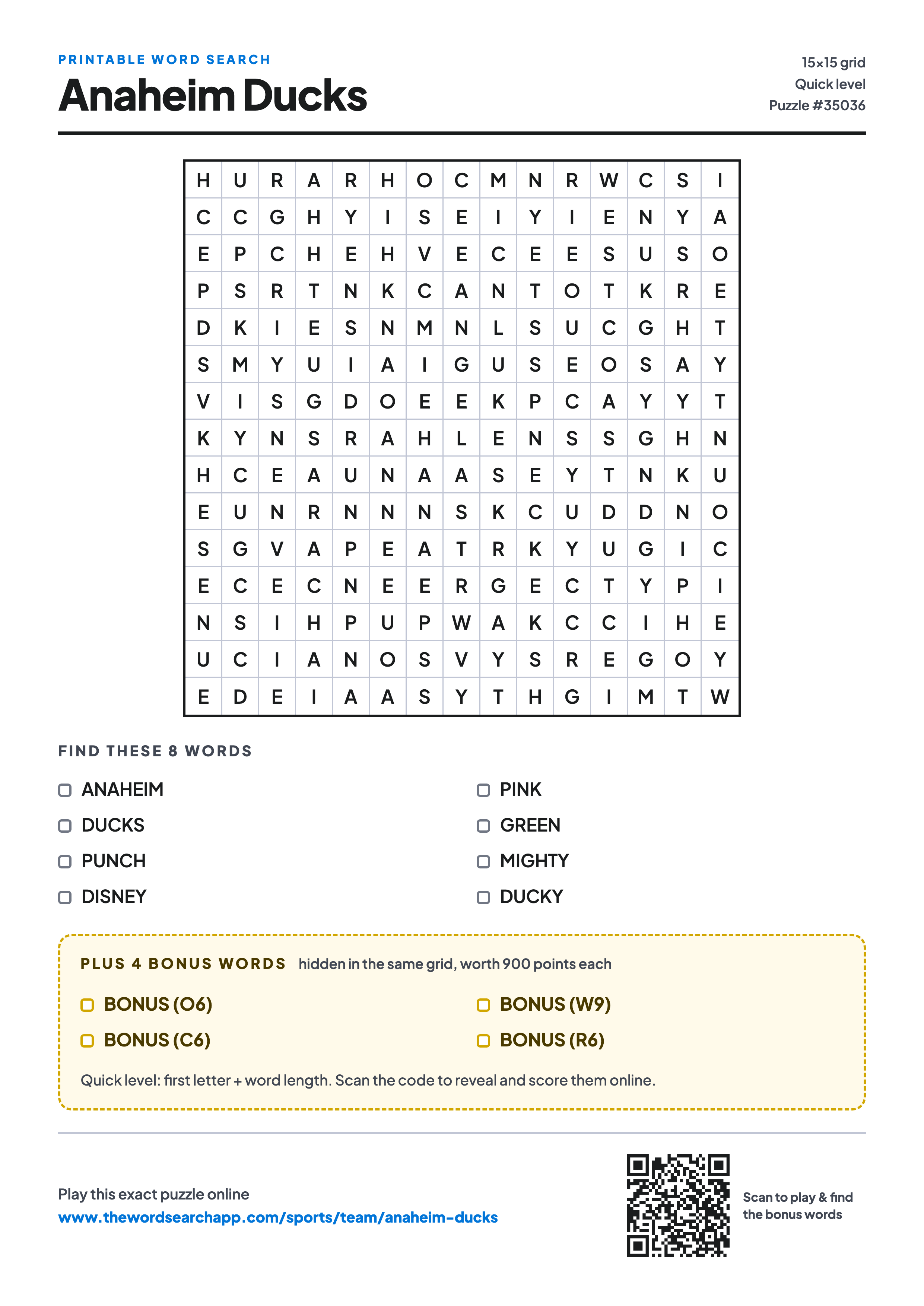 Printable Anaheim Ducks word search — 15×15 letter grid with 8 words to find including ANAHEIM, DUCKS, PUNCH, plus 4 hidden bonus words