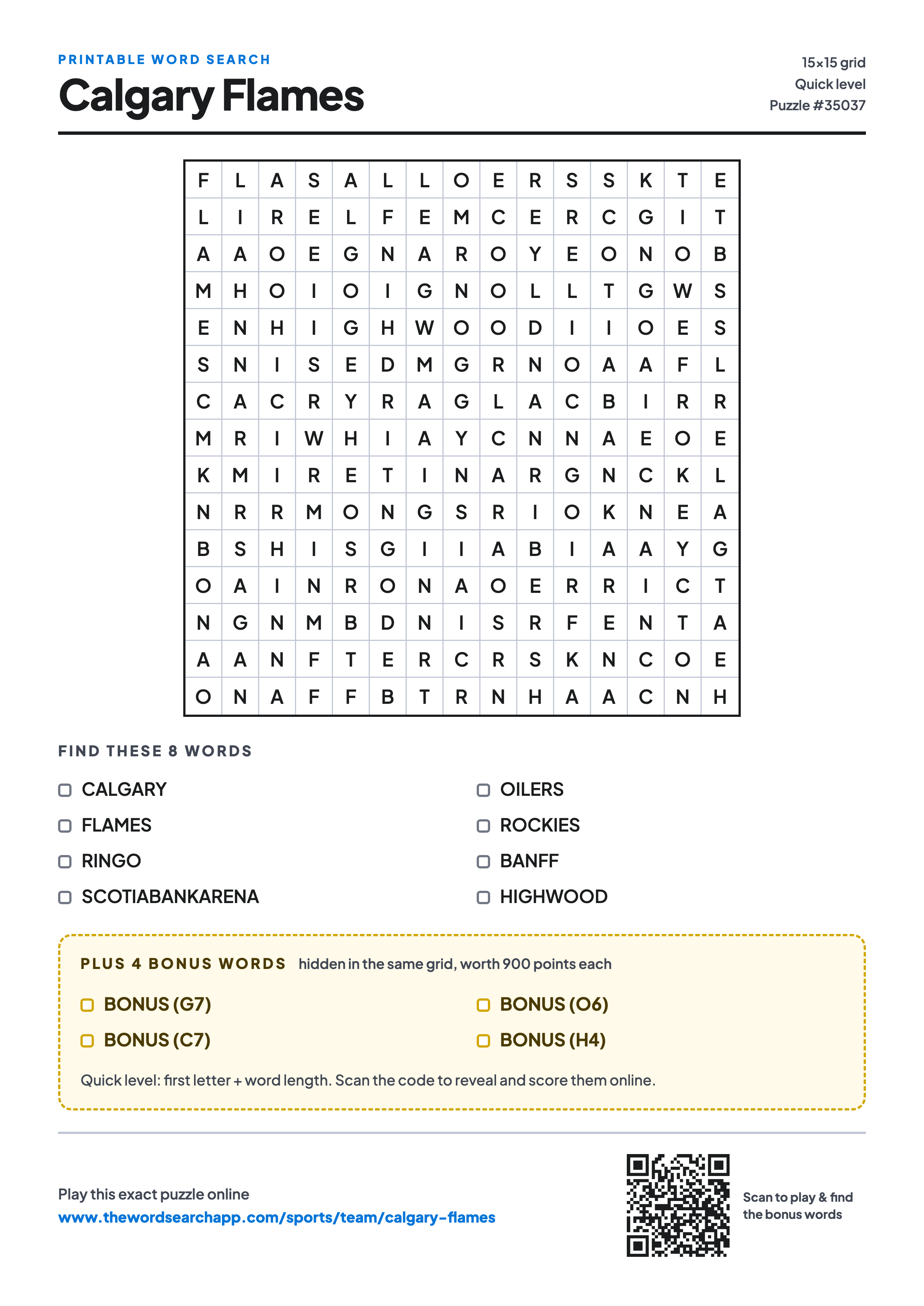 Printable Calgary Flames word search — 15×15 letter grid with 8 words to find including CALGARY, FLAMES, RINGO, plus 4 hidden bonus words