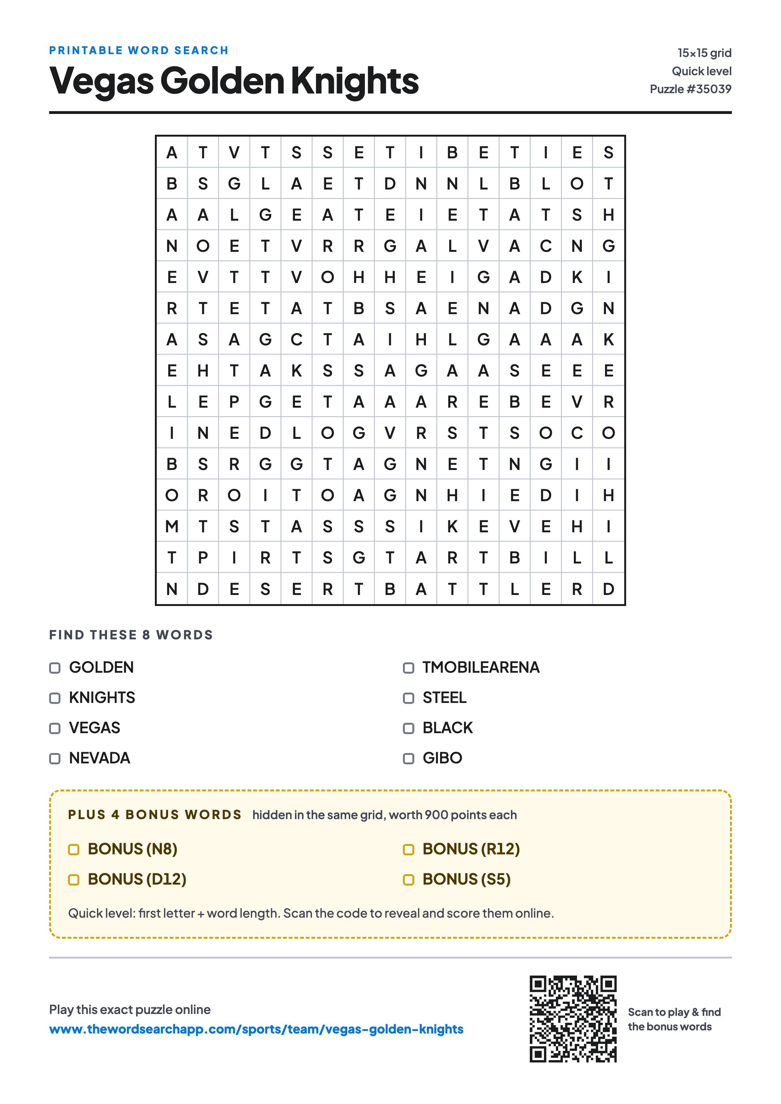 Printable Vegas Golden Knights word search — 15×15 letter grid with 8 words to find including GOLDEN, KNIGHTS, VEGAS, plus 4 hidden bonus words