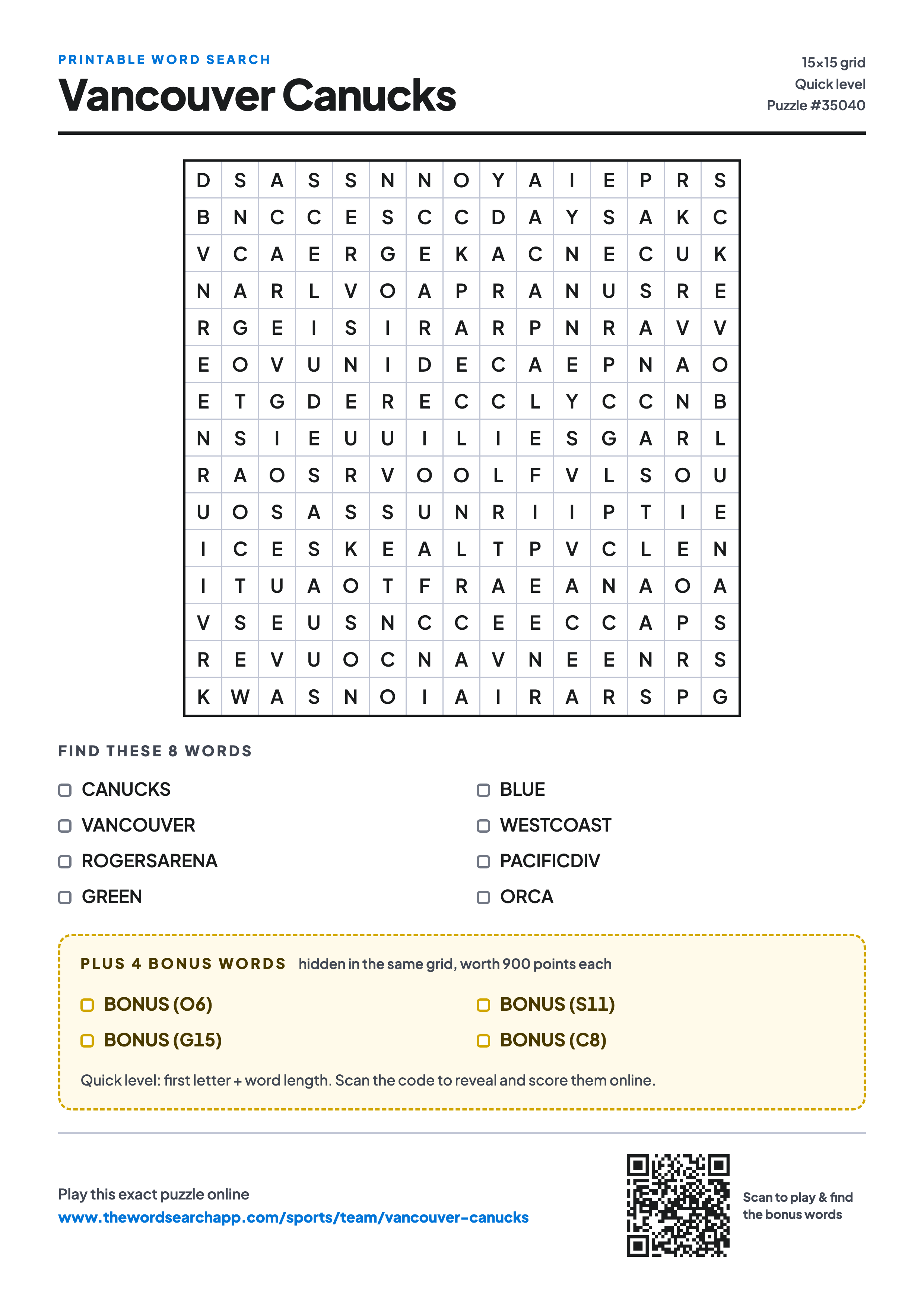 Printable Vancouver Canucks word search — 15×15 letter grid with 8 words to find including CANUCKS, VANCOUVER, ROGERSARENA, plus 4 hidden bonus words