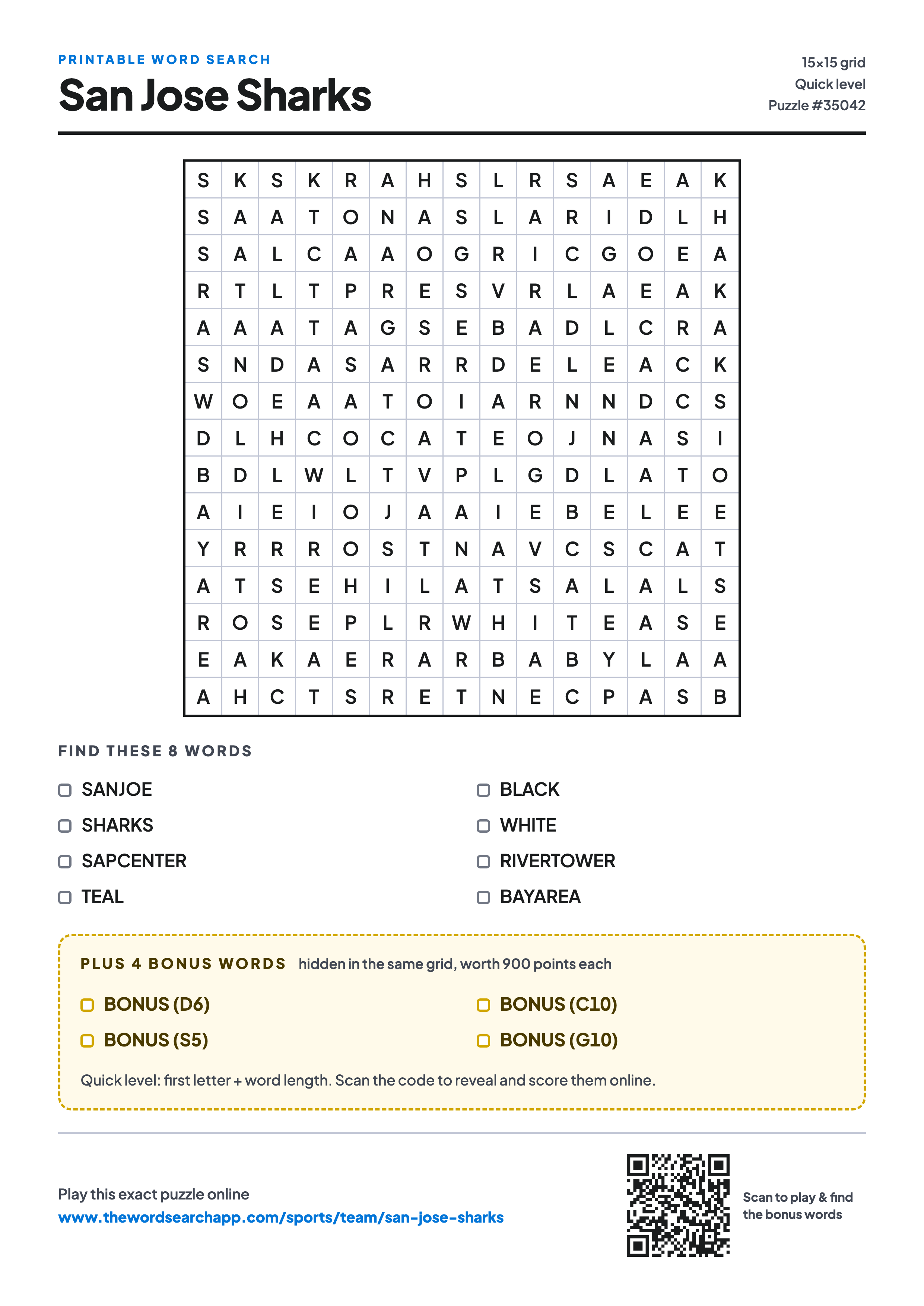 Printable San Jose Sharks word search — 15×15 letter grid with 8 words to find including SANJOE, SHARKS, SAPCENTER, plus 4 hidden bonus words