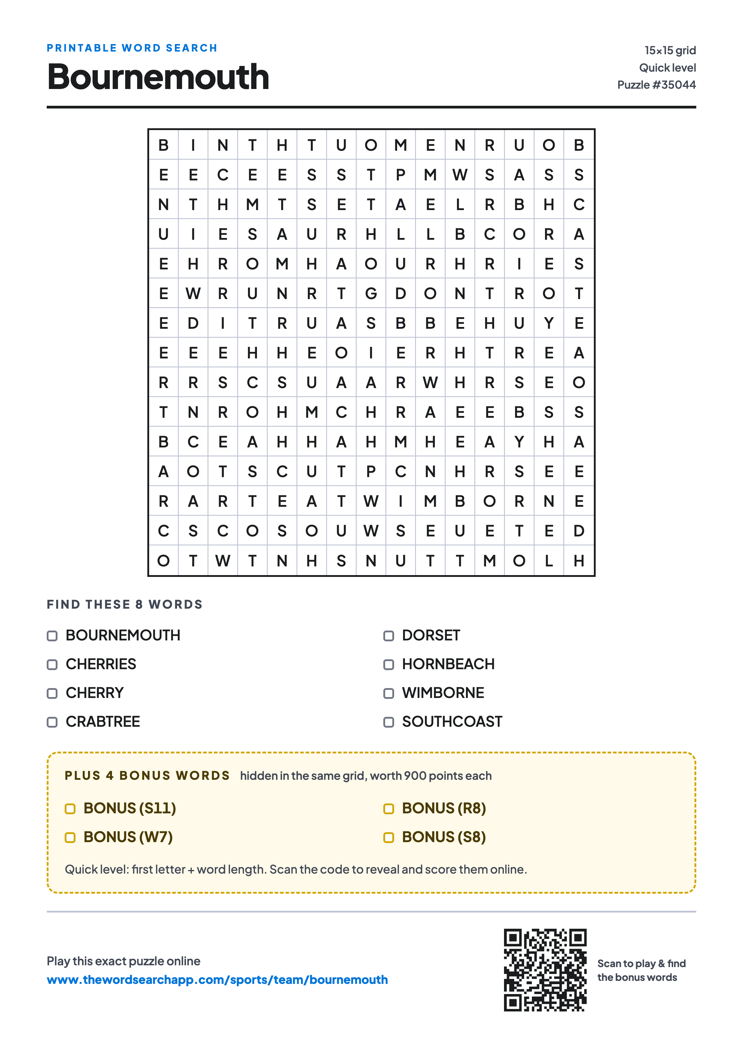 Printable Bournemouth word search — 15×15 letter grid with 8 words to find including BOURNEMOUTH, CHERRIES, CHERRY, plus 4 hidden bonus words