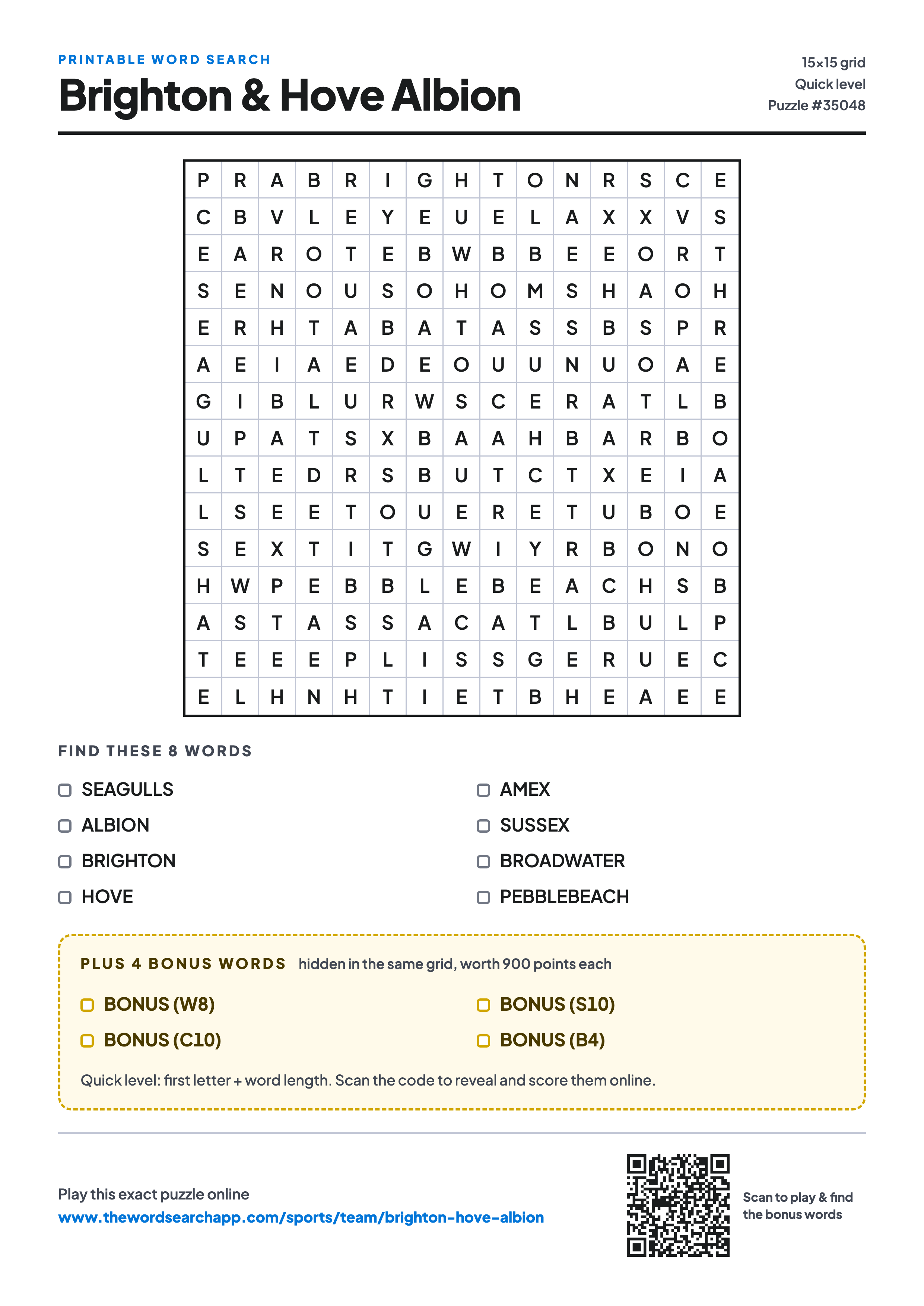 Printable Brighton & Hove Albion word search — 15×15 letter grid with 8 words to find including SEAGULLS, ALBION, BRIGHTON, plus 4 hidden bonus words