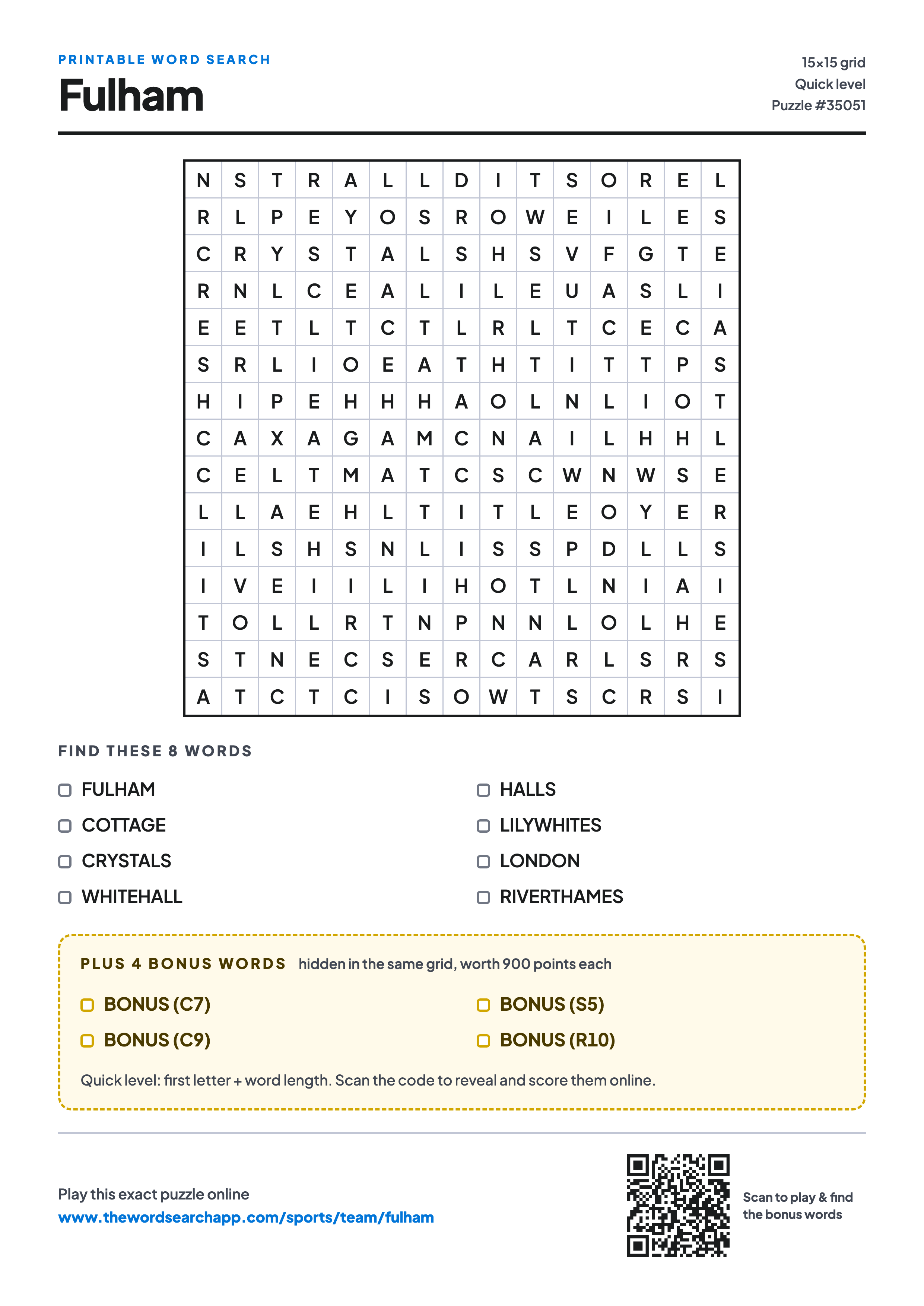 Printable Fulham word search — 15×15 letter grid with 8 words to find including FULHAM, COTTAGE, CRYSTALS, plus 4 hidden bonus words