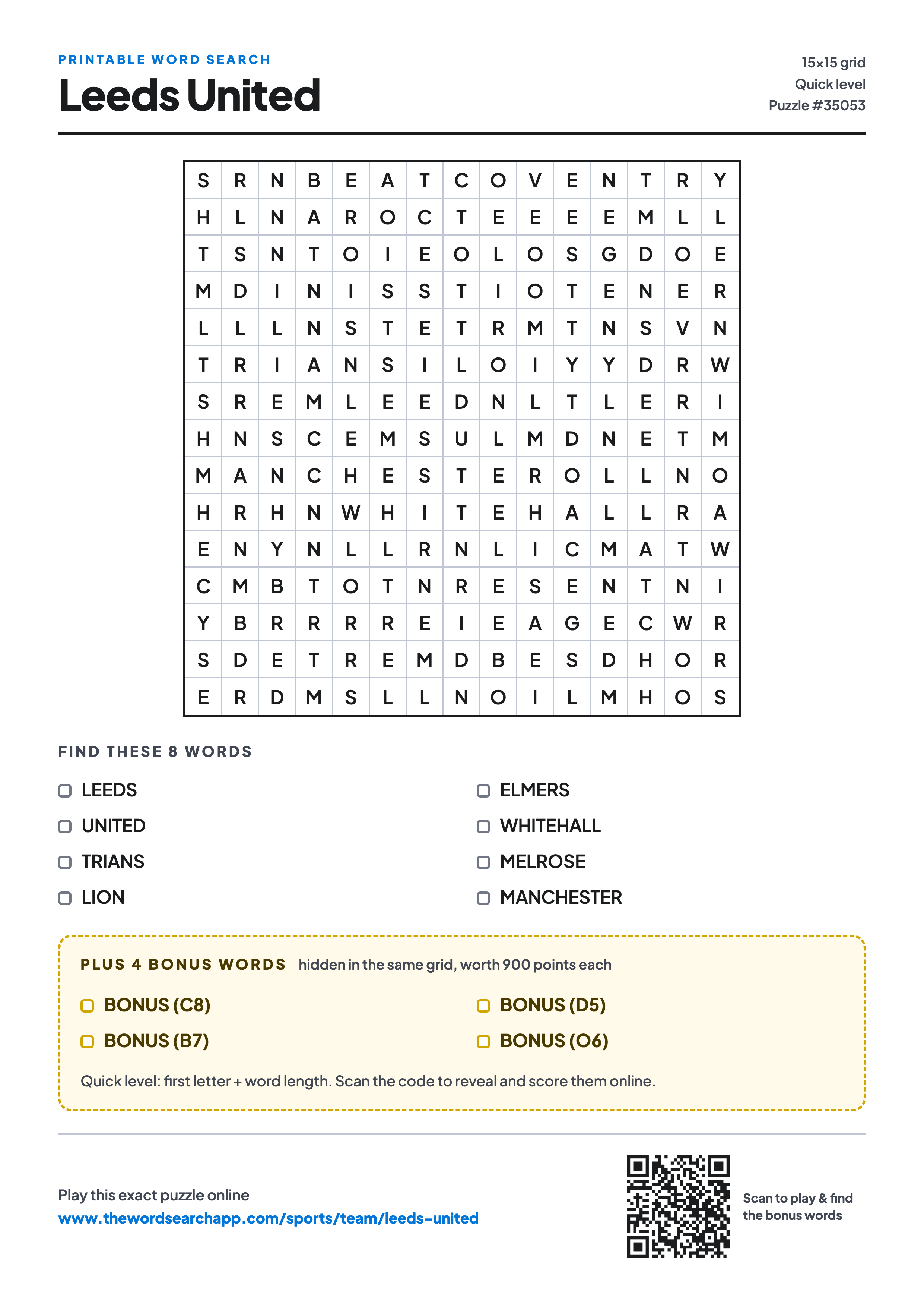 Printable Leeds United word search — 15×15 letter grid with 8 words to find including LEEDS, UNITED, TRIANS, plus 4 hidden bonus words