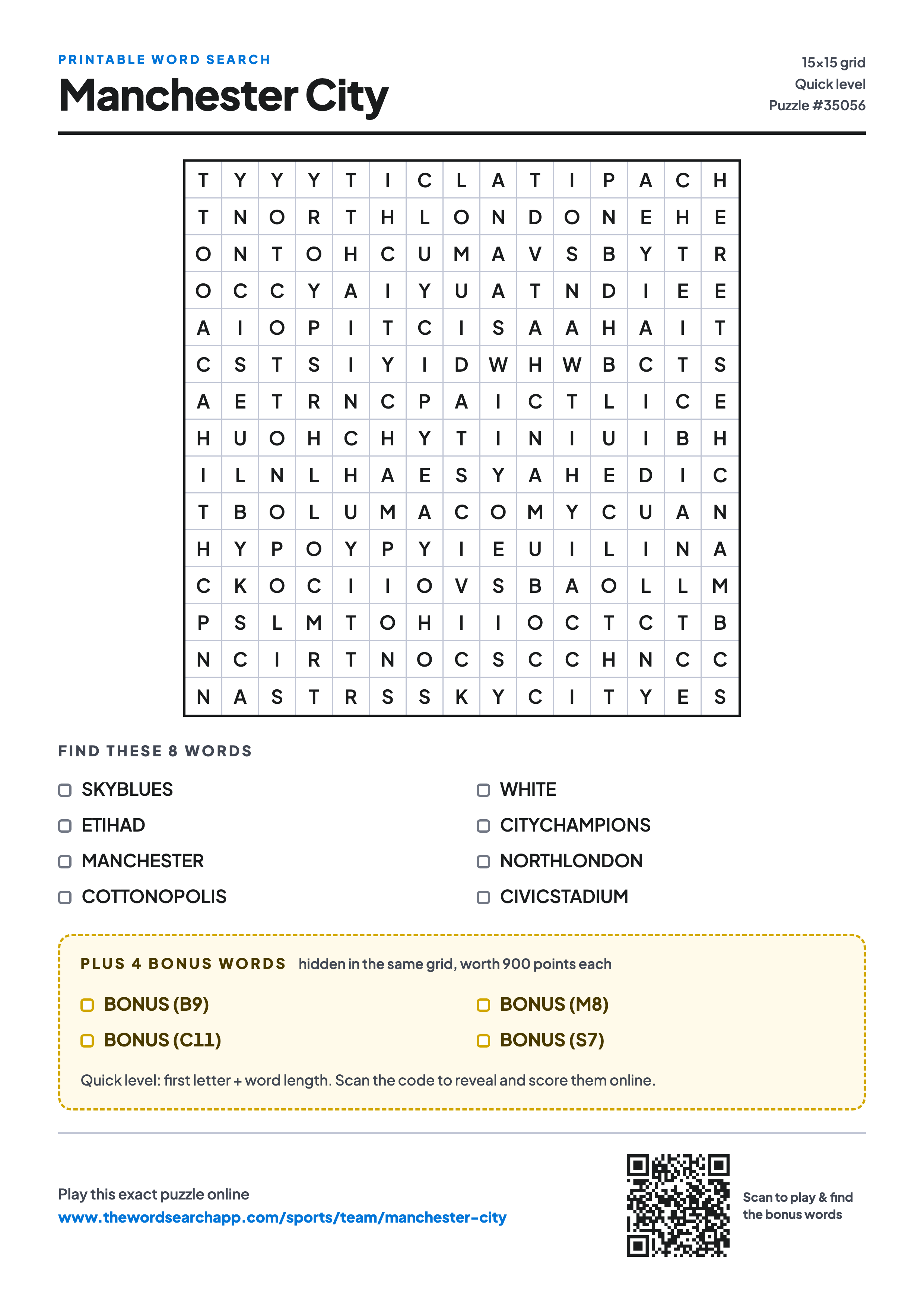 Printable Manchester City word search — 15×15 letter grid with 8 words to find including SKYBLUES, ETIHAD, MANCHESTER, plus 4 hidden bonus words