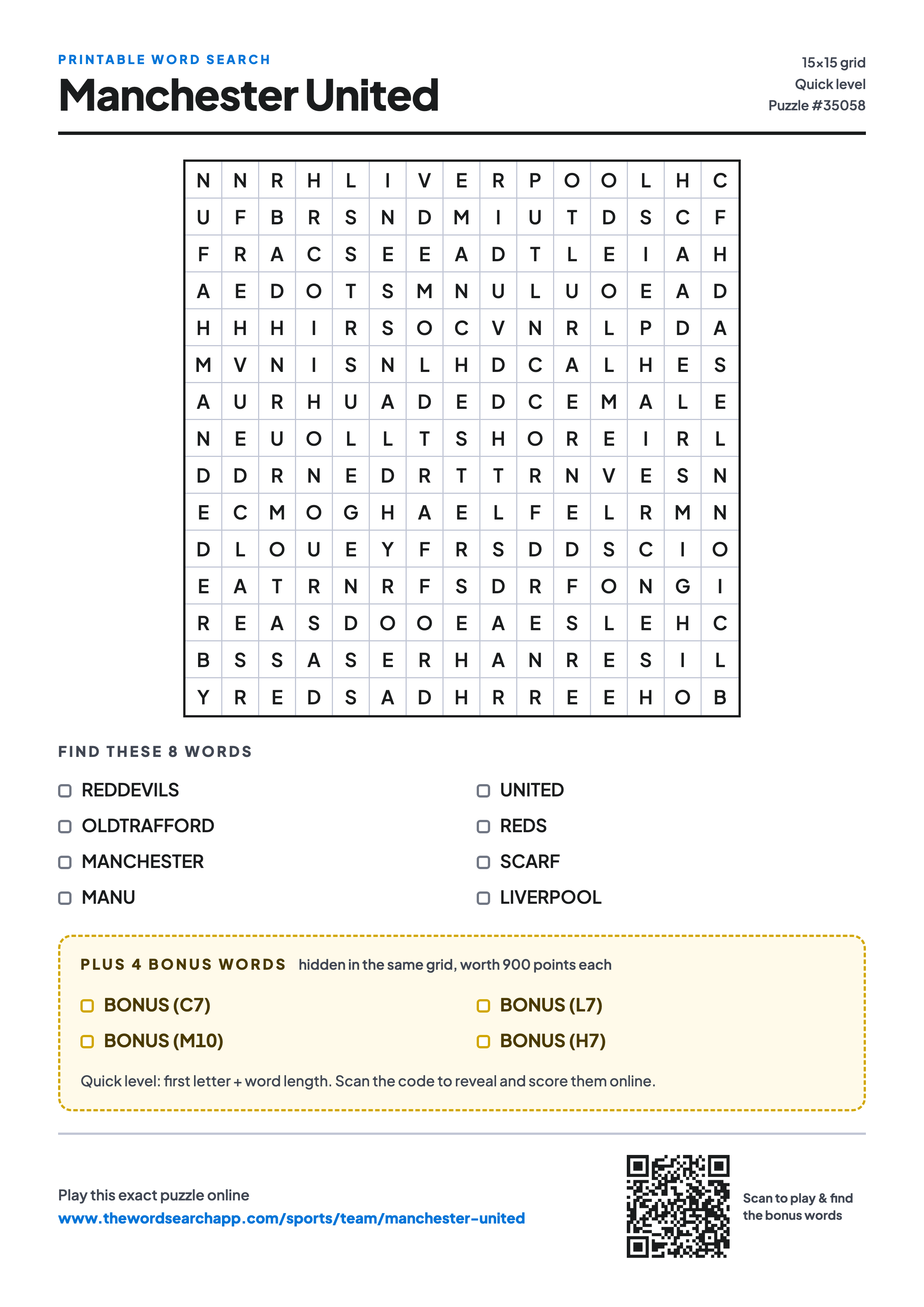 Printable Manchester United word search — 15×15 letter grid with 8 words to find including REDDEVILS, OLDTRAFFORD, MANCHESTER, plus 4 hidden bonus words