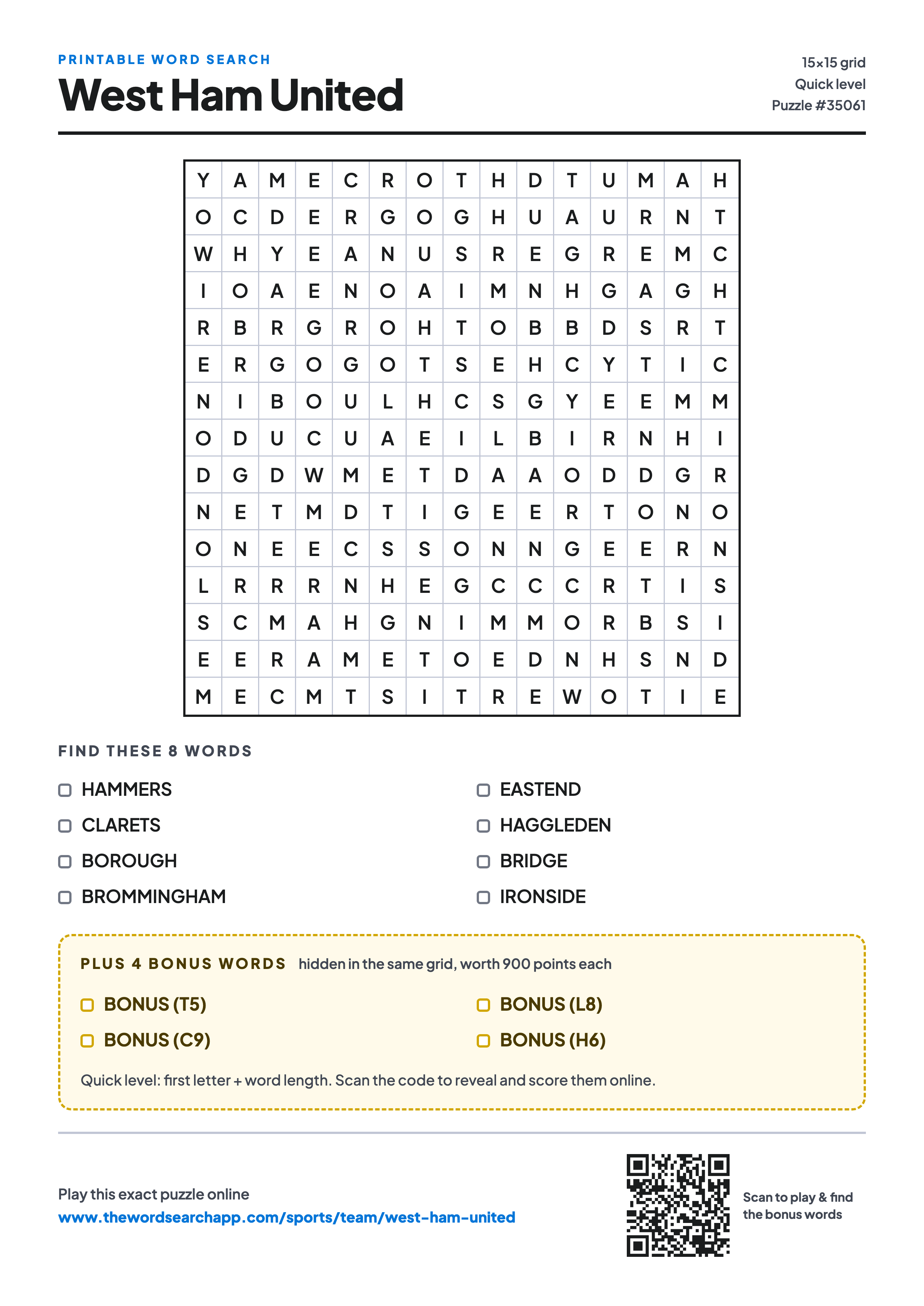 Printable West Ham United word search — 15×15 letter grid with 8 words to find including HAMMERS, CLARETS, BOROUGH, plus 4 hidden bonus words