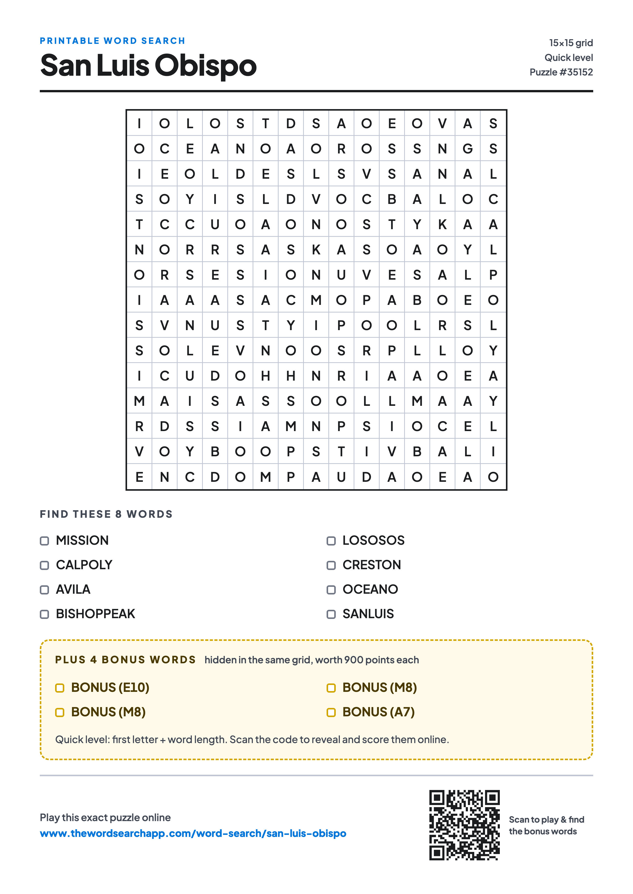 Printable San Luis Obispo word search — 15×15 letter grid with 8 words to find including MISSION, CALPOLY, AVILA, plus 4 hidden bonus words