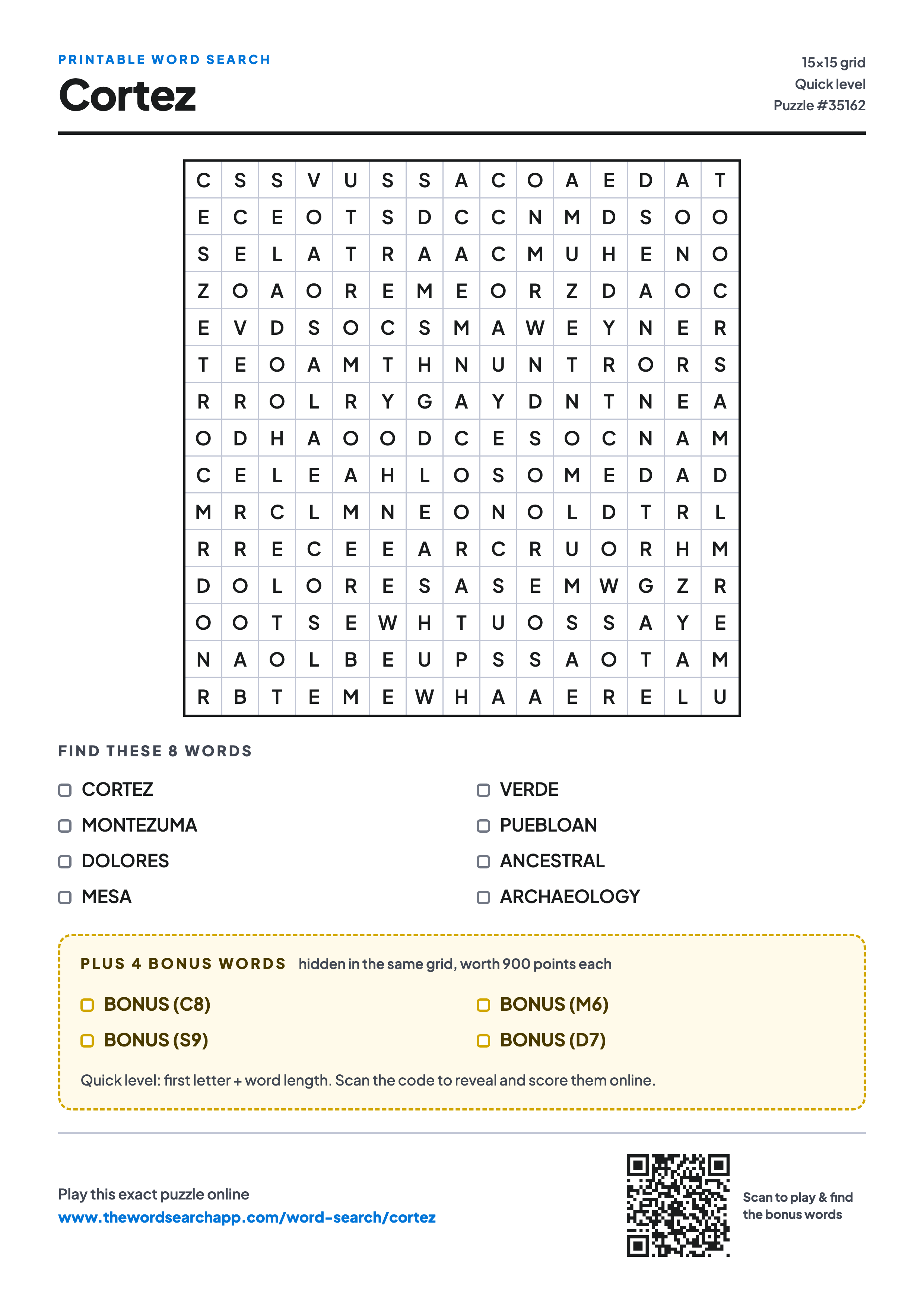 Printable Cortez word search — 15×15 letter grid with 8 words to find including CORTEZ, MONTEZUMA, DOLORES, plus 4 hidden bonus words