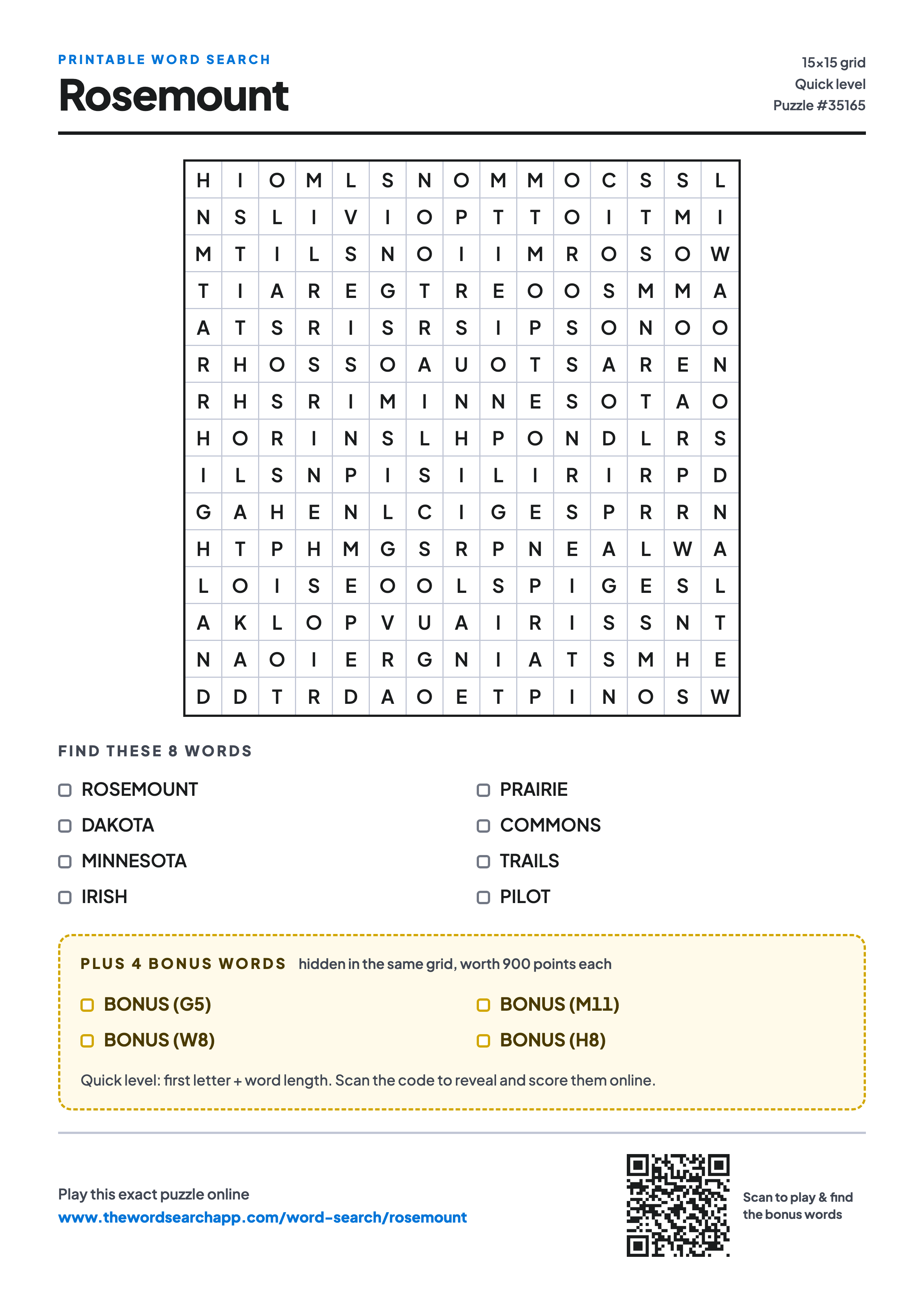 Printable Rosemount word search — 15×15 letter grid with 8 words to find including ROSEMOUNT, DAKOTA, MINNESOTA, plus 4 hidden bonus words