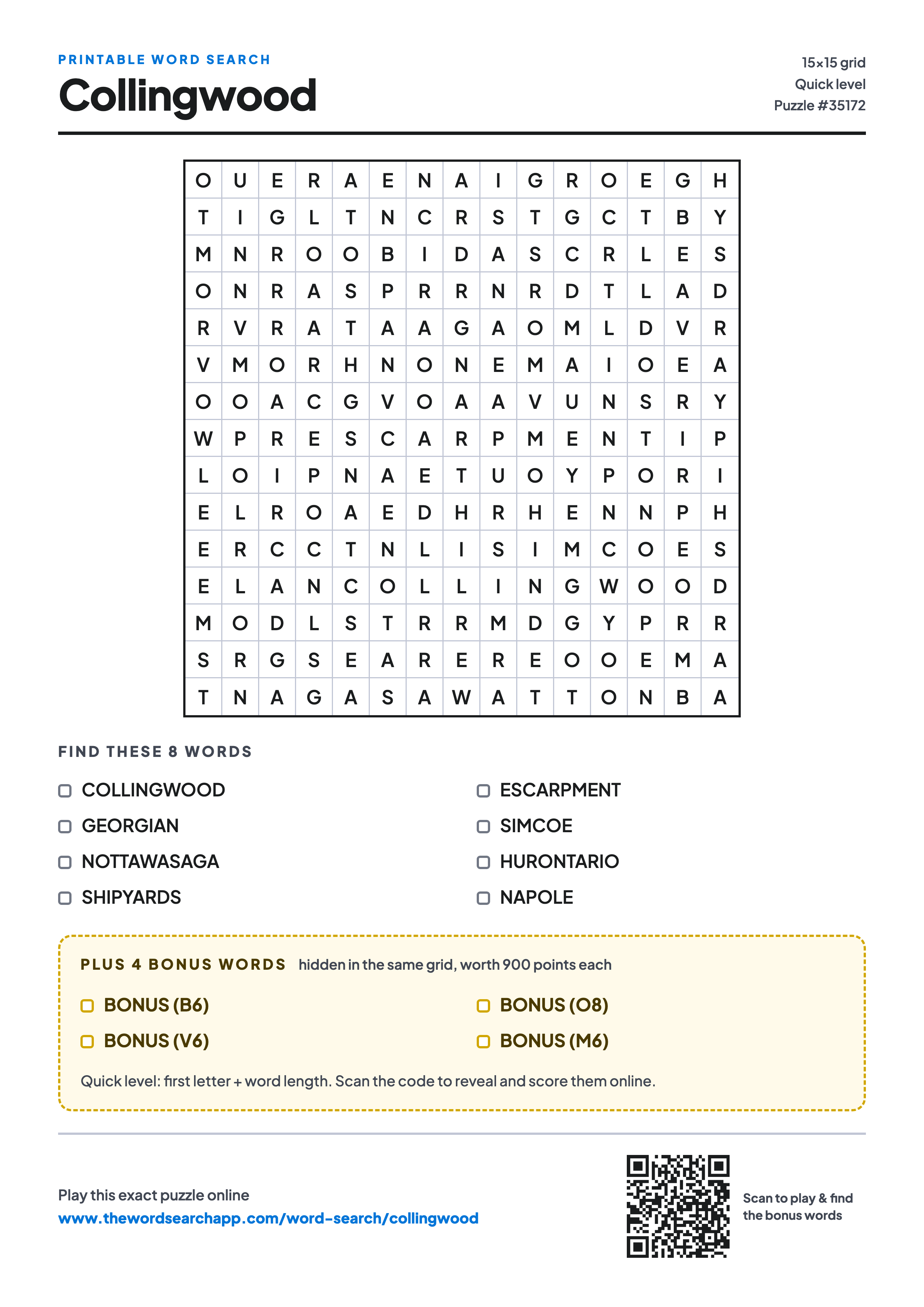 Printable Collingwood word search — 15×15 letter grid with 8 words to find including COLLINGWOOD, GEORGIAN, NOTTAWASAGA, plus 4 hidden bonus words