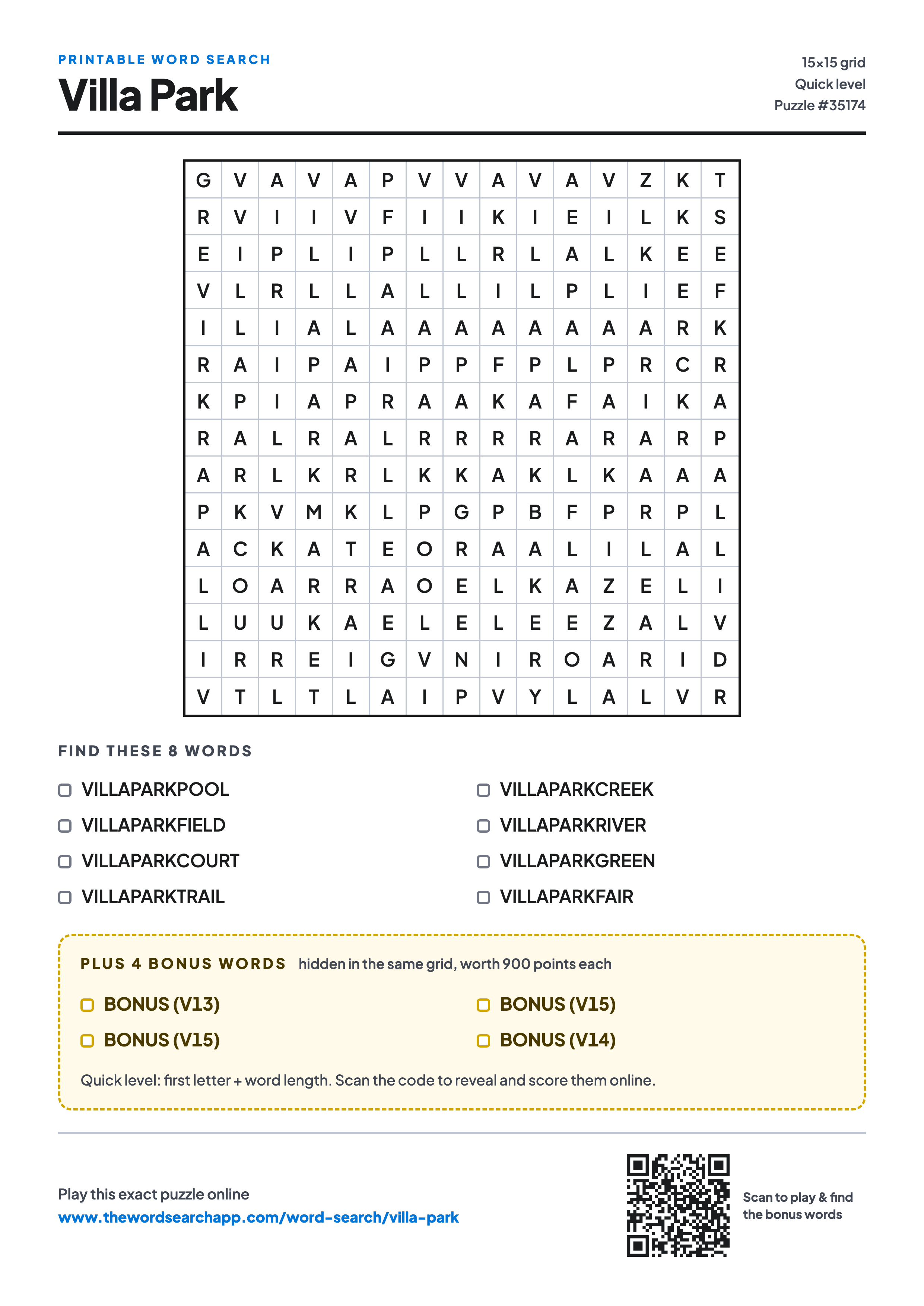 Printable Villa Park word search — 15×15 letter grid with 8 words to find including VILLAPARKPOOL, VILLAPARKFIELD, VILLAPARKCOURT, plus 4 hidden bonus words