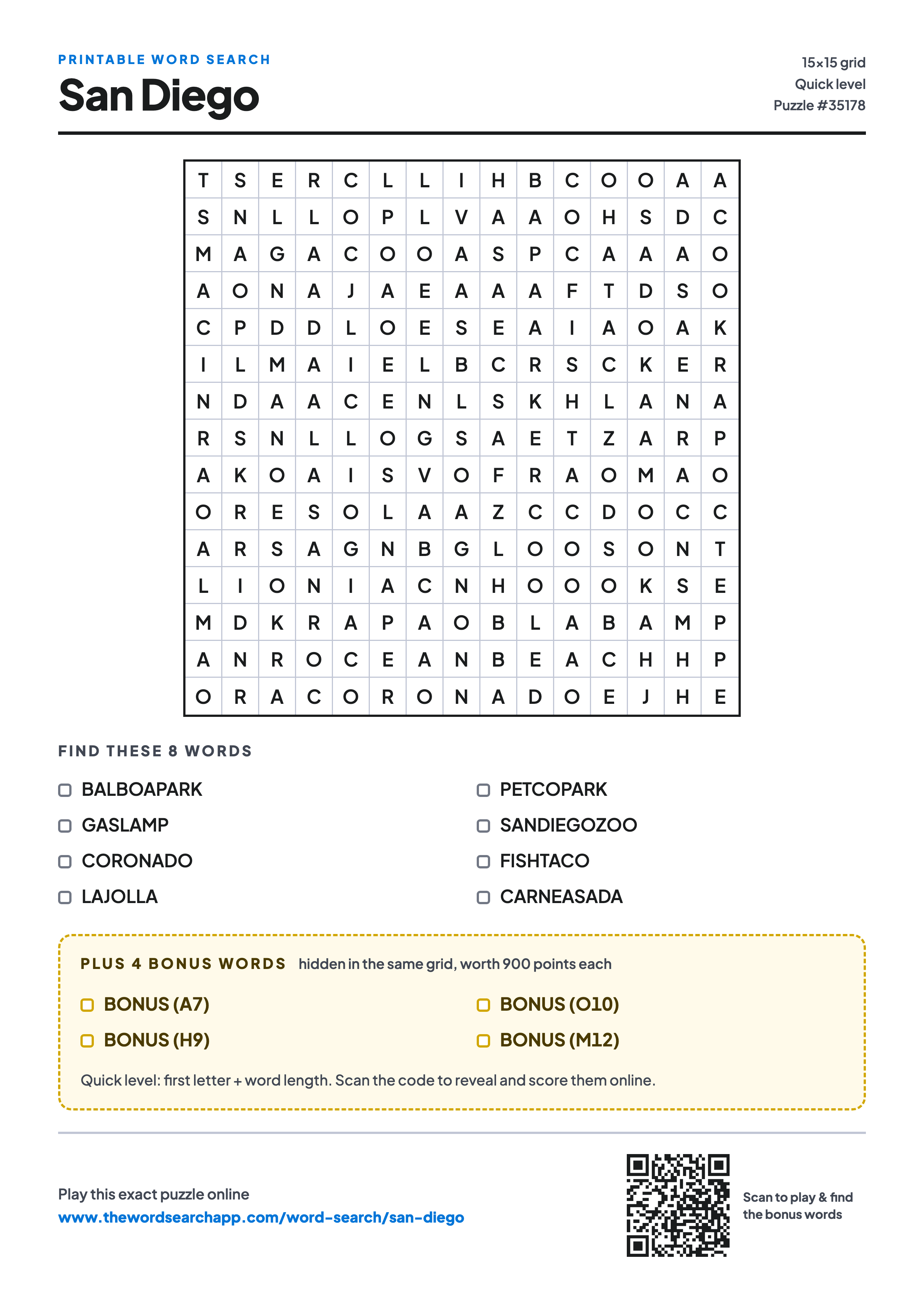 Printable San Diego word search — 15×15 letter grid with 8 words to find including BALBOAPARK, GASLAMP, CORONADO, plus 4 hidden bonus words