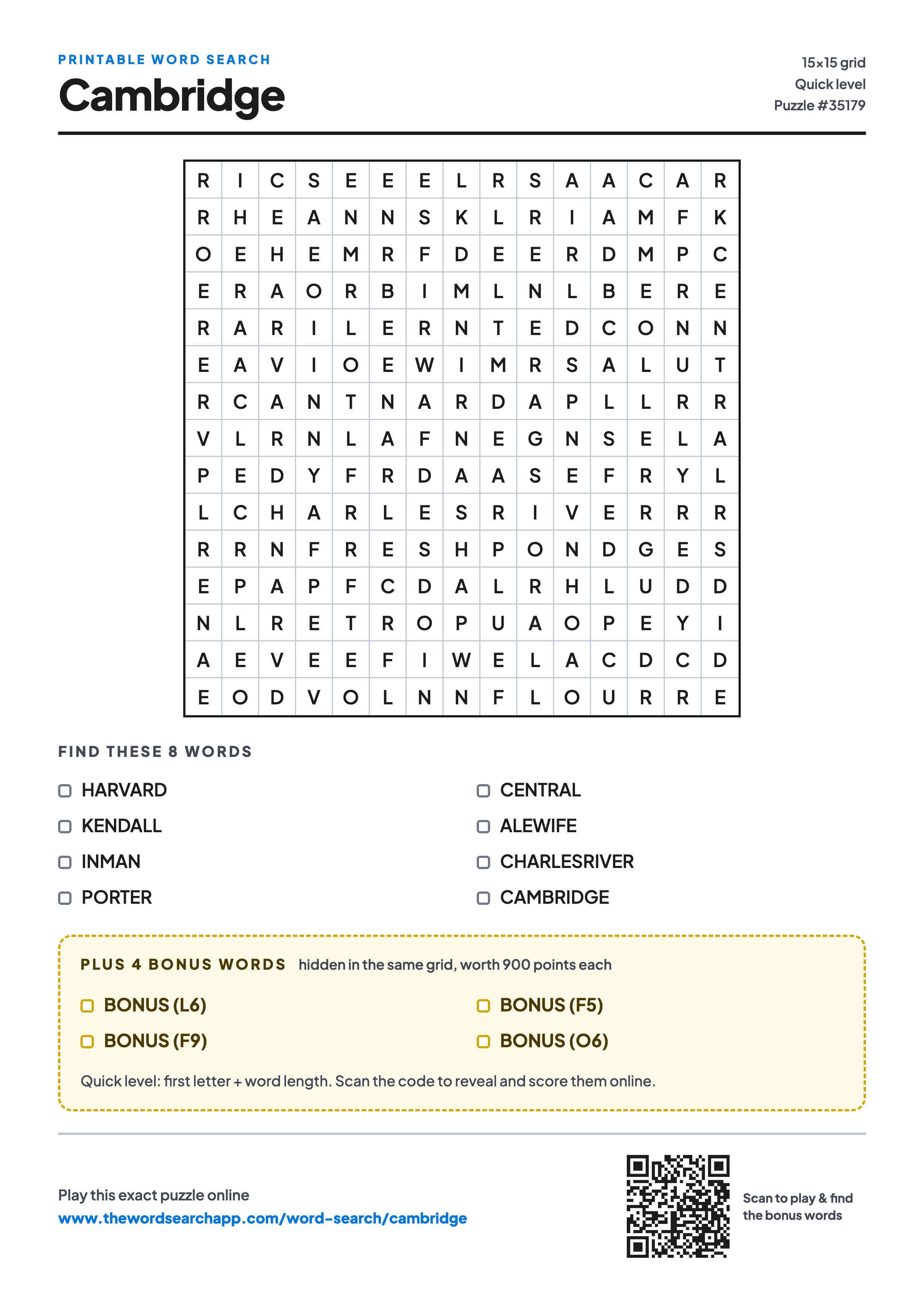 Printable Cambridge word search — 15×15 letter grid with 8 words to find including HARVARD, KENDALL, INMAN, plus 4 hidden bonus words