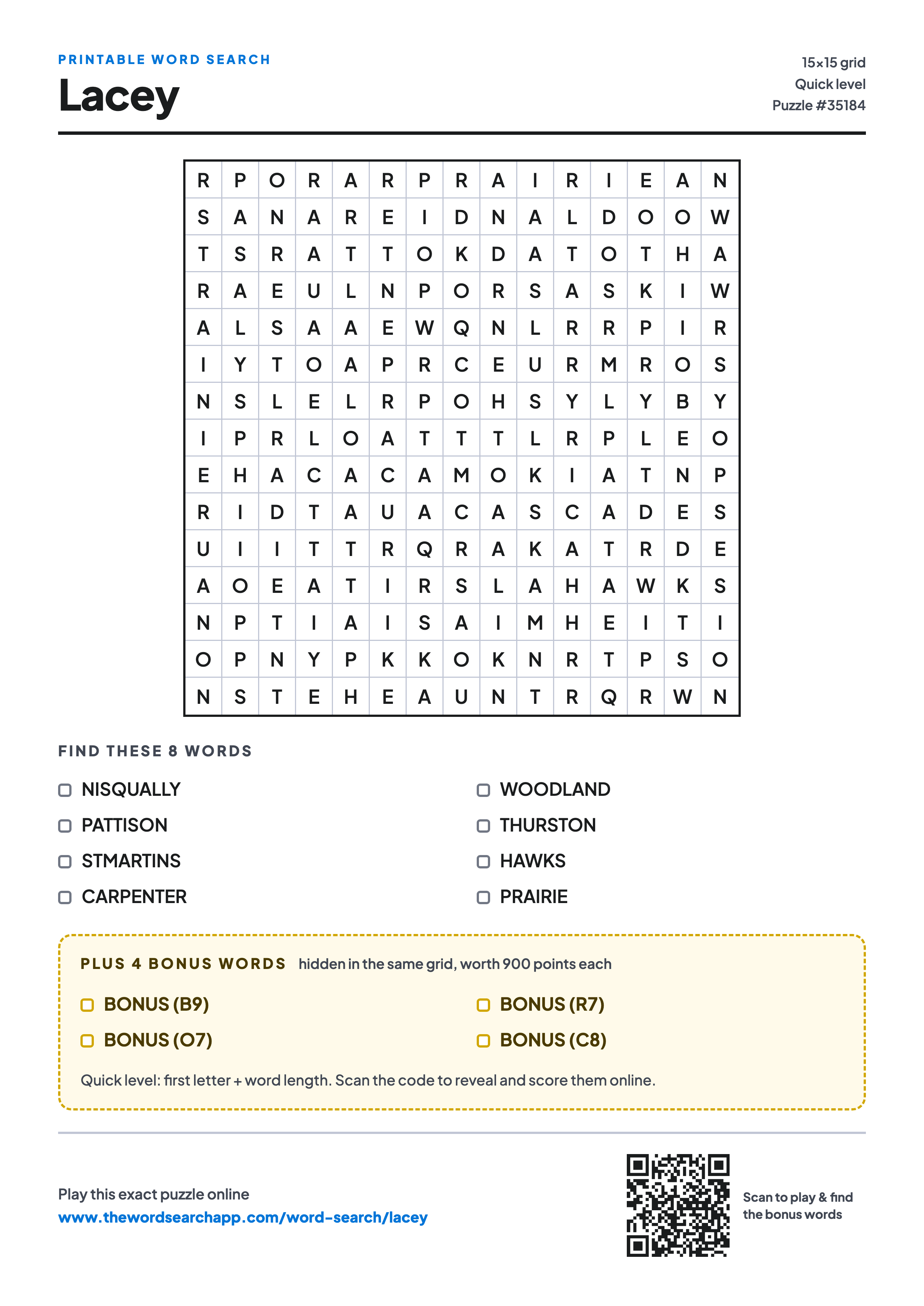 Printable Lacey word search — 15×15 letter grid with 8 words to find including NISQUALLY, PATTISON, STMARTINS, plus 4 hidden bonus words