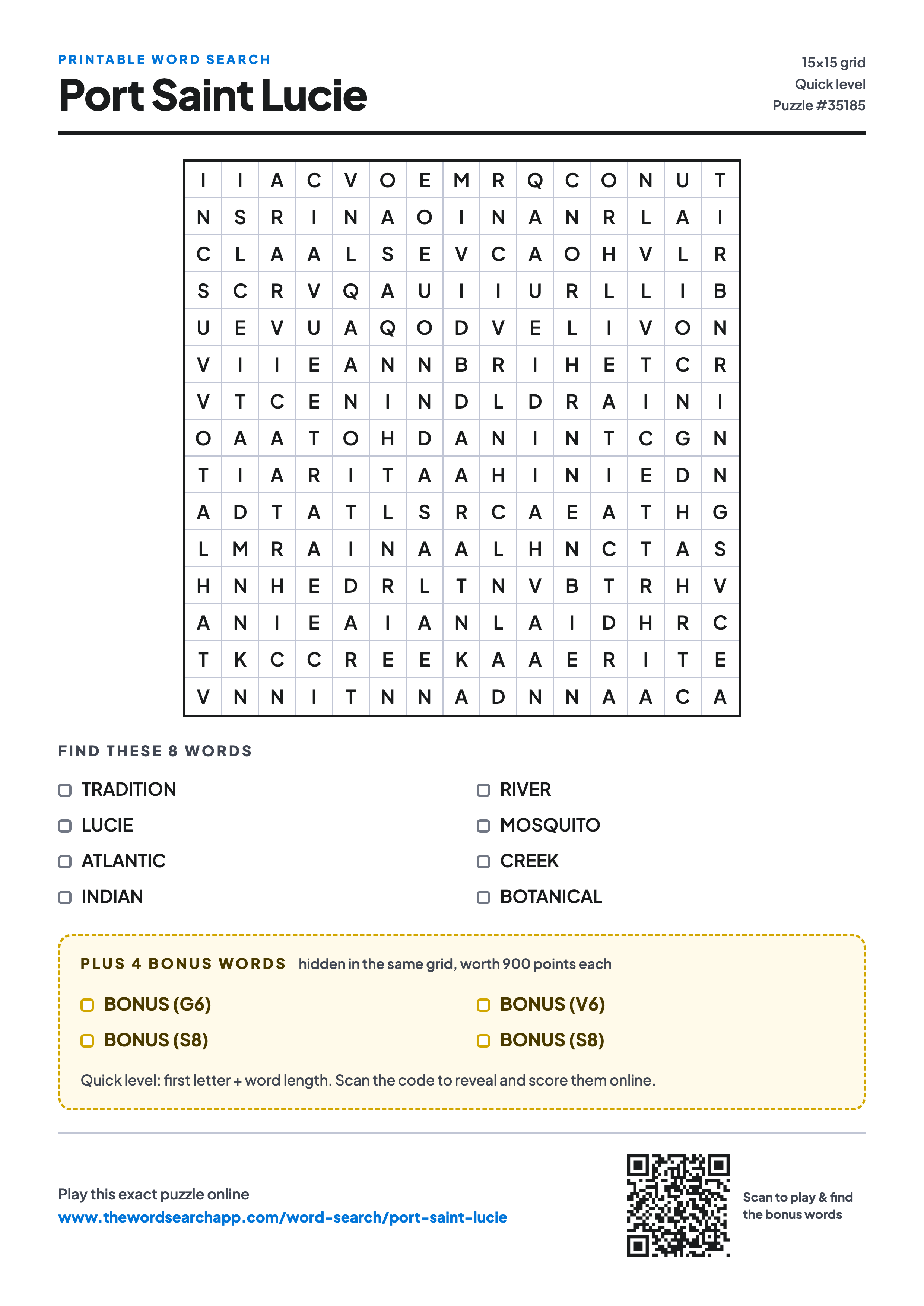 Printable Port Saint Lucie word search — 15×15 letter grid with 8 words to find including TRADITION, LUCIE, ATLANTIC, plus 4 hidden bonus words