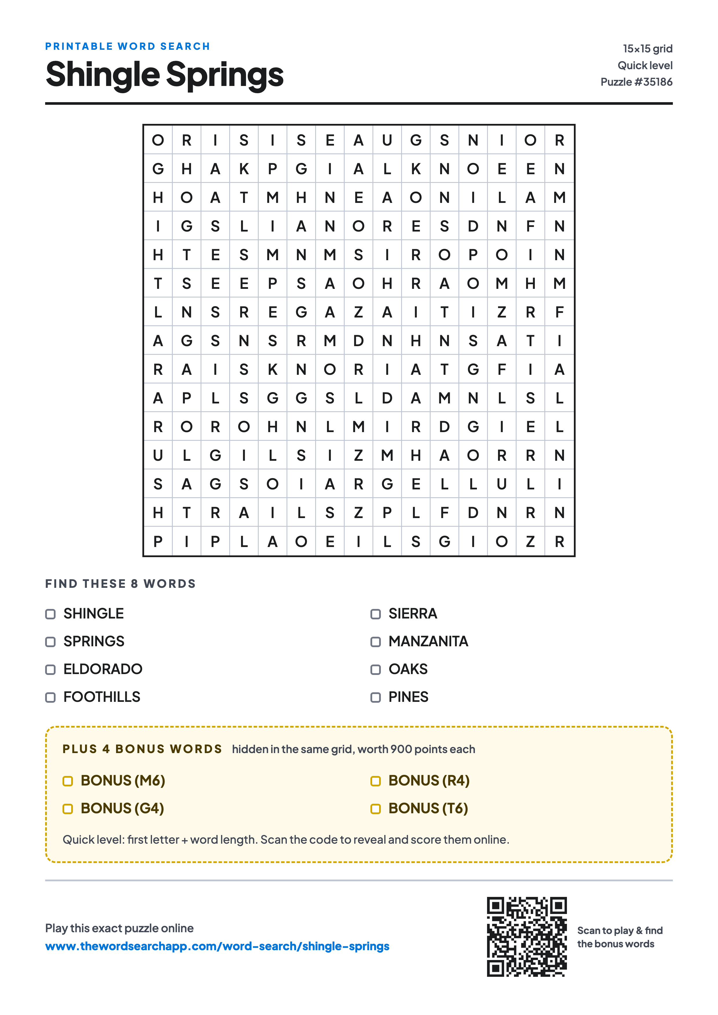 Printable Shingle Springs word search — 15×15 letter grid with 8 words to find including SHINGLE, SPRINGS, ELDORADO, plus 4 hidden bonus words