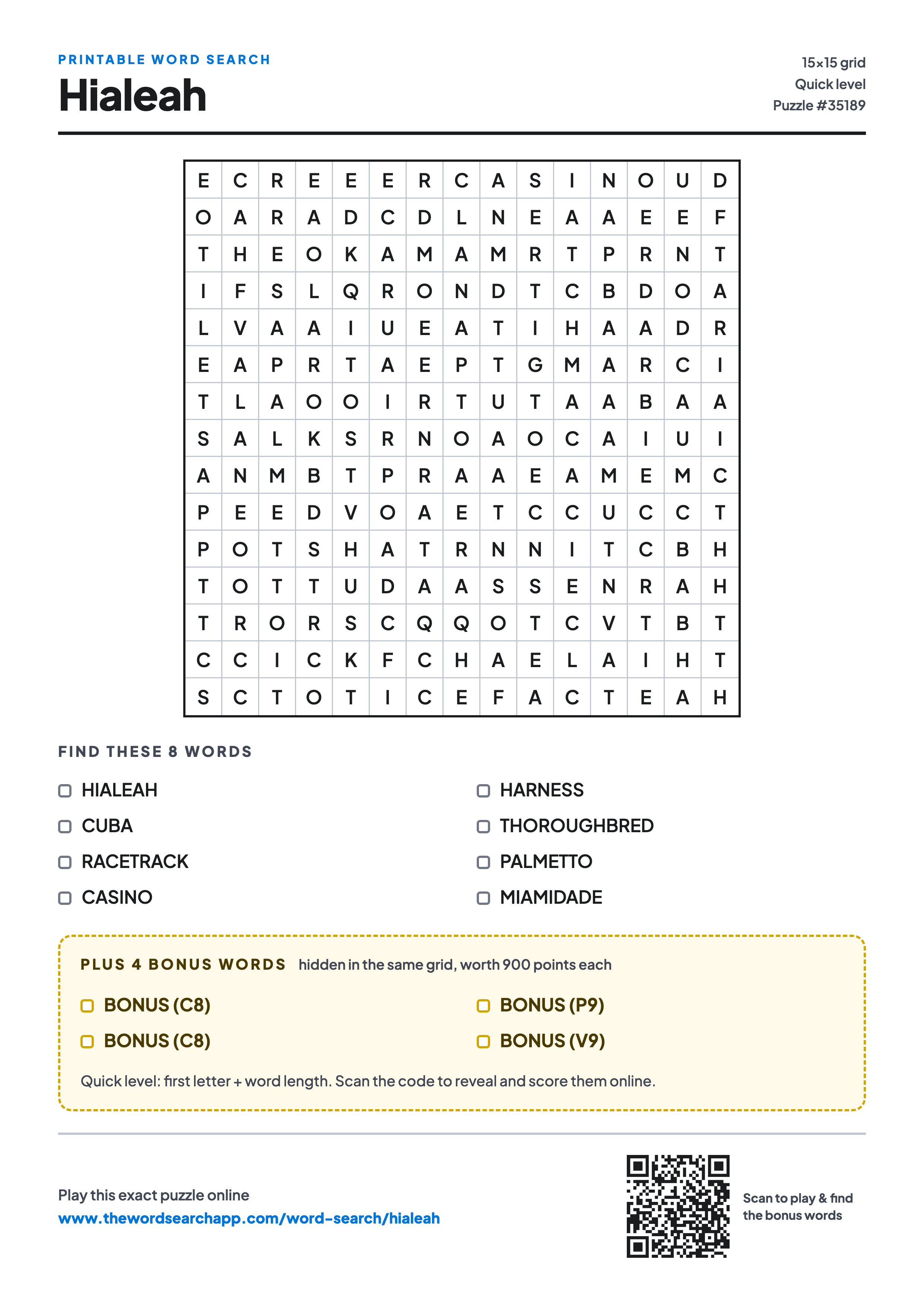 Printable Hialeah word search — 15×15 letter grid with 8 words to find including HIALEAH, CUBA, RACETRACK, plus 4 hidden bonus words