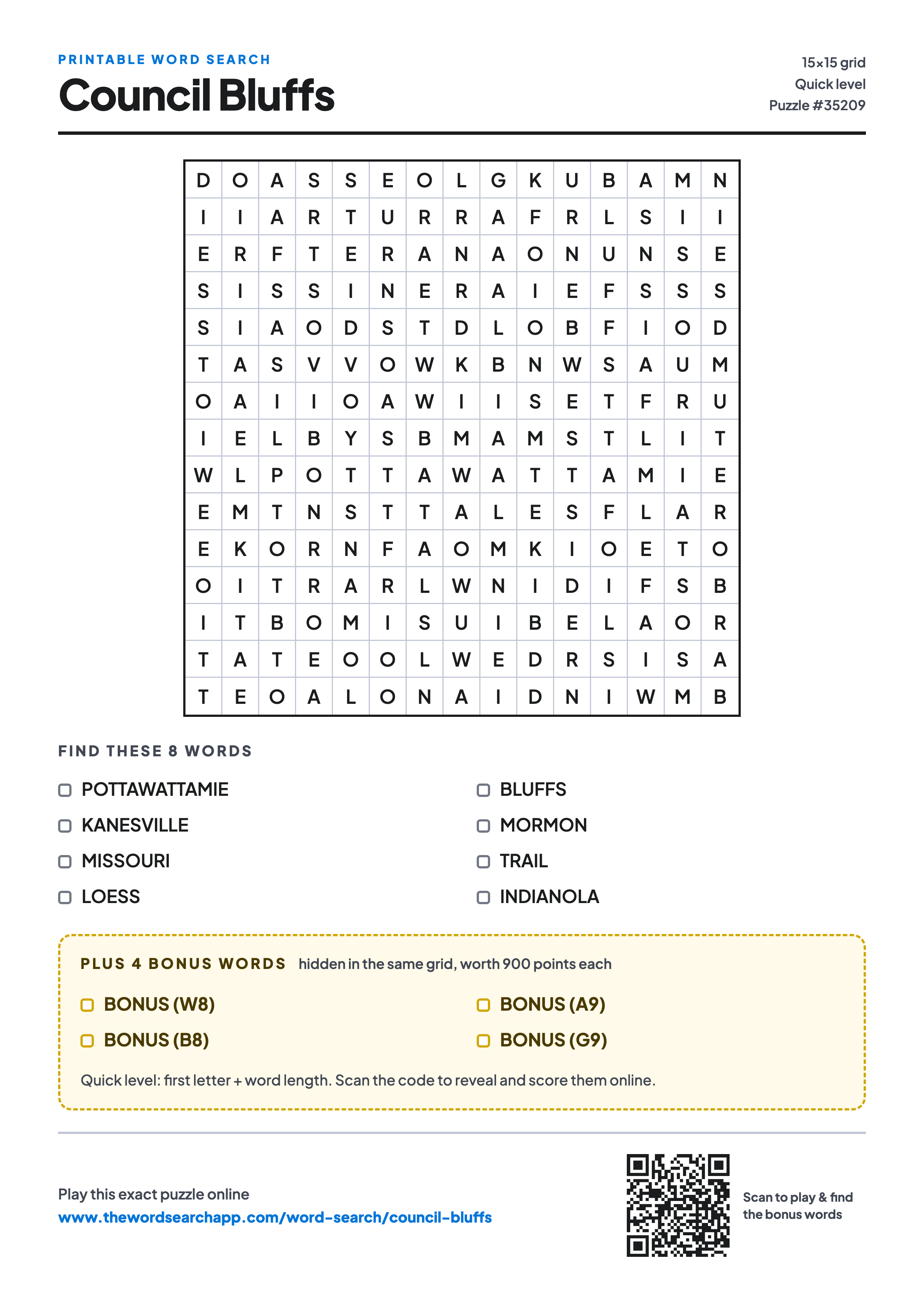 Printable Council Bluffs word search — 15×15 letter grid with 8 words to find including POTTAWATTAMIE, KANESVILLE, MISSOURI, plus 4 hidden bonus words