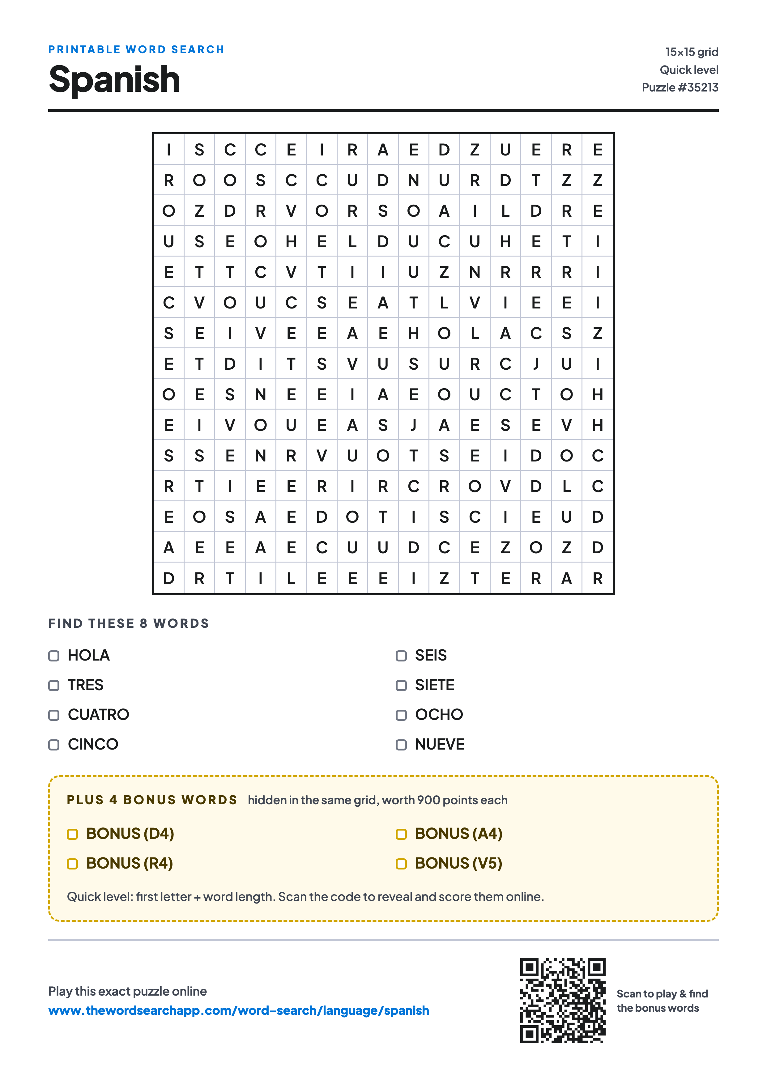 Printable Spanish word search — 15×15 letter grid with 8 words to find including HOLA, TRES, CUATRO, plus 4 hidden bonus words