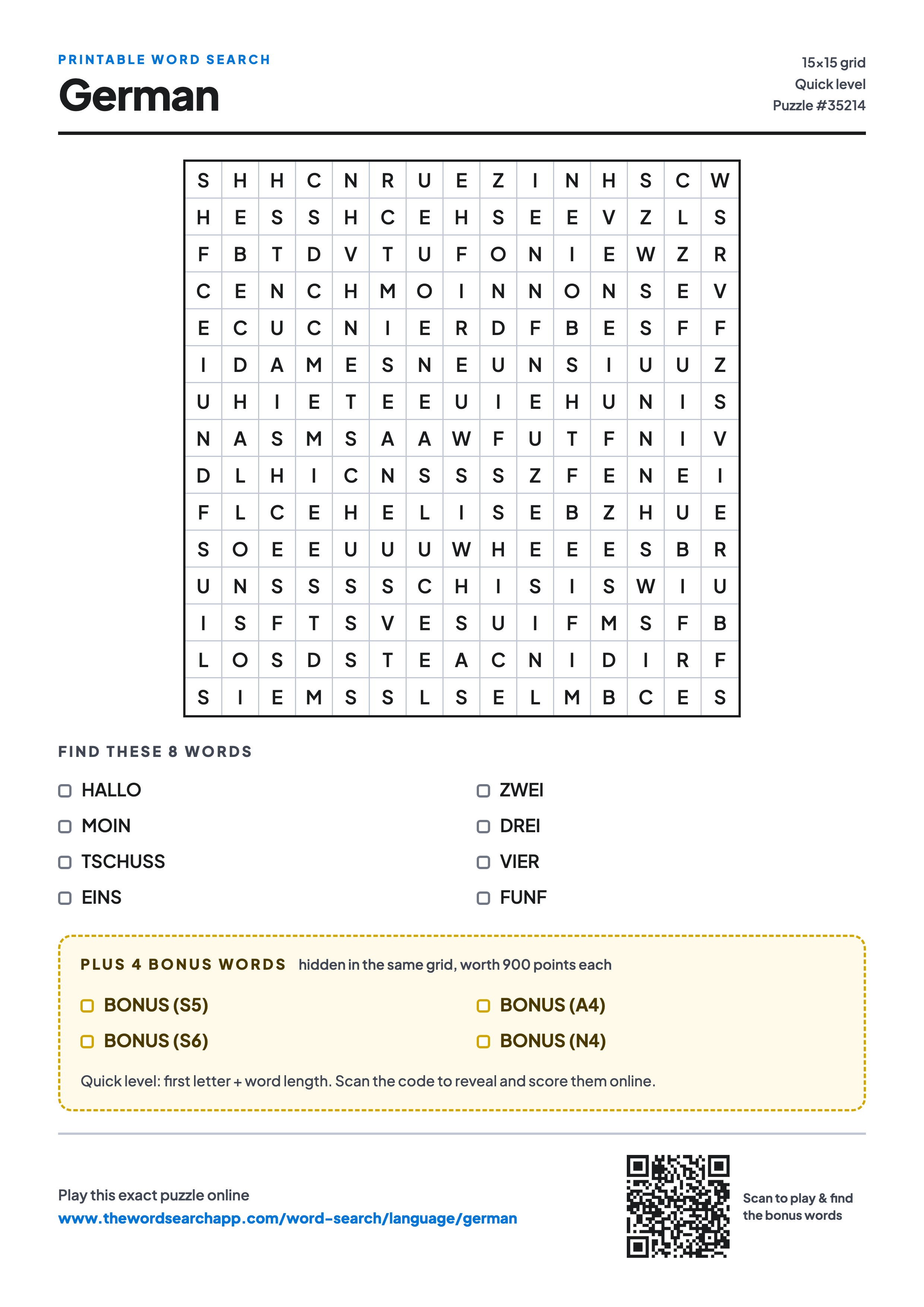 Printable German word search — 15×15 letter grid with 8 words to find including HALLO, MOIN, TSCHUSS, plus 4 hidden bonus words