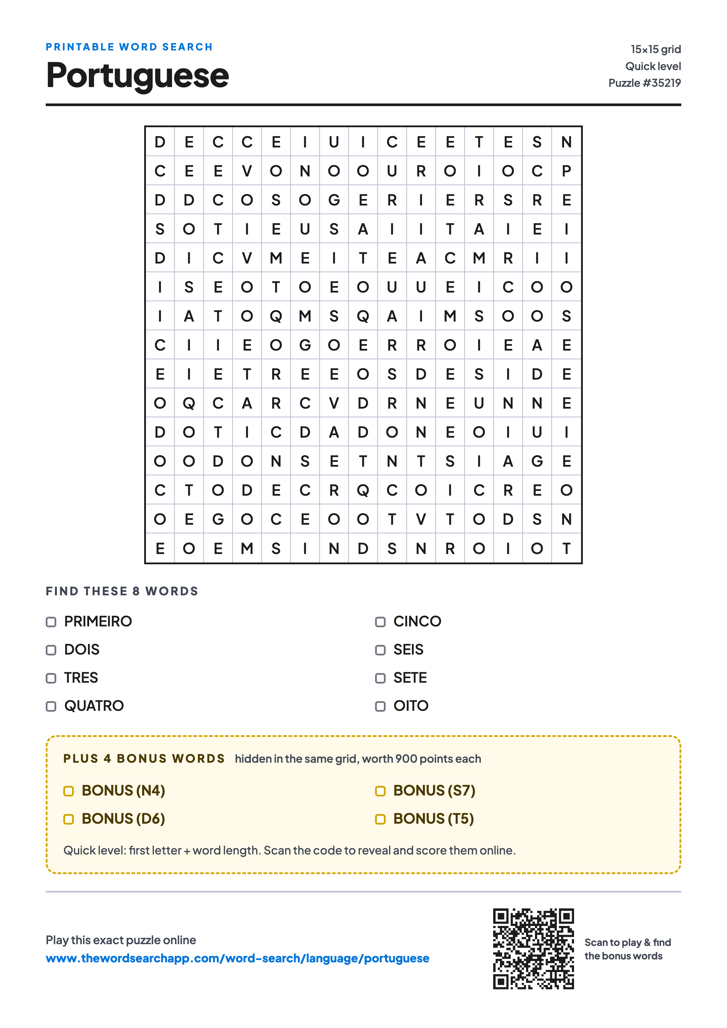 Printable Portuguese word search — 15×15 letter grid with 8 words to find including PRIMEIRO, DOIS, TRES, plus 4 hidden bonus words