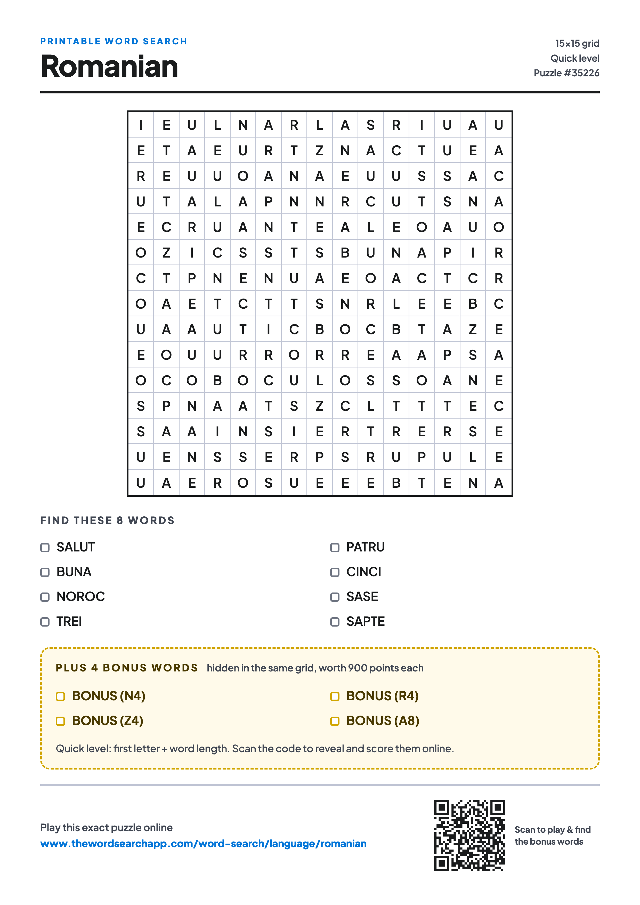 Printable Romanian word search — 15×15 letter grid with 8 words to find including SALUT, BUNA, NOROC, plus 4 hidden bonus words