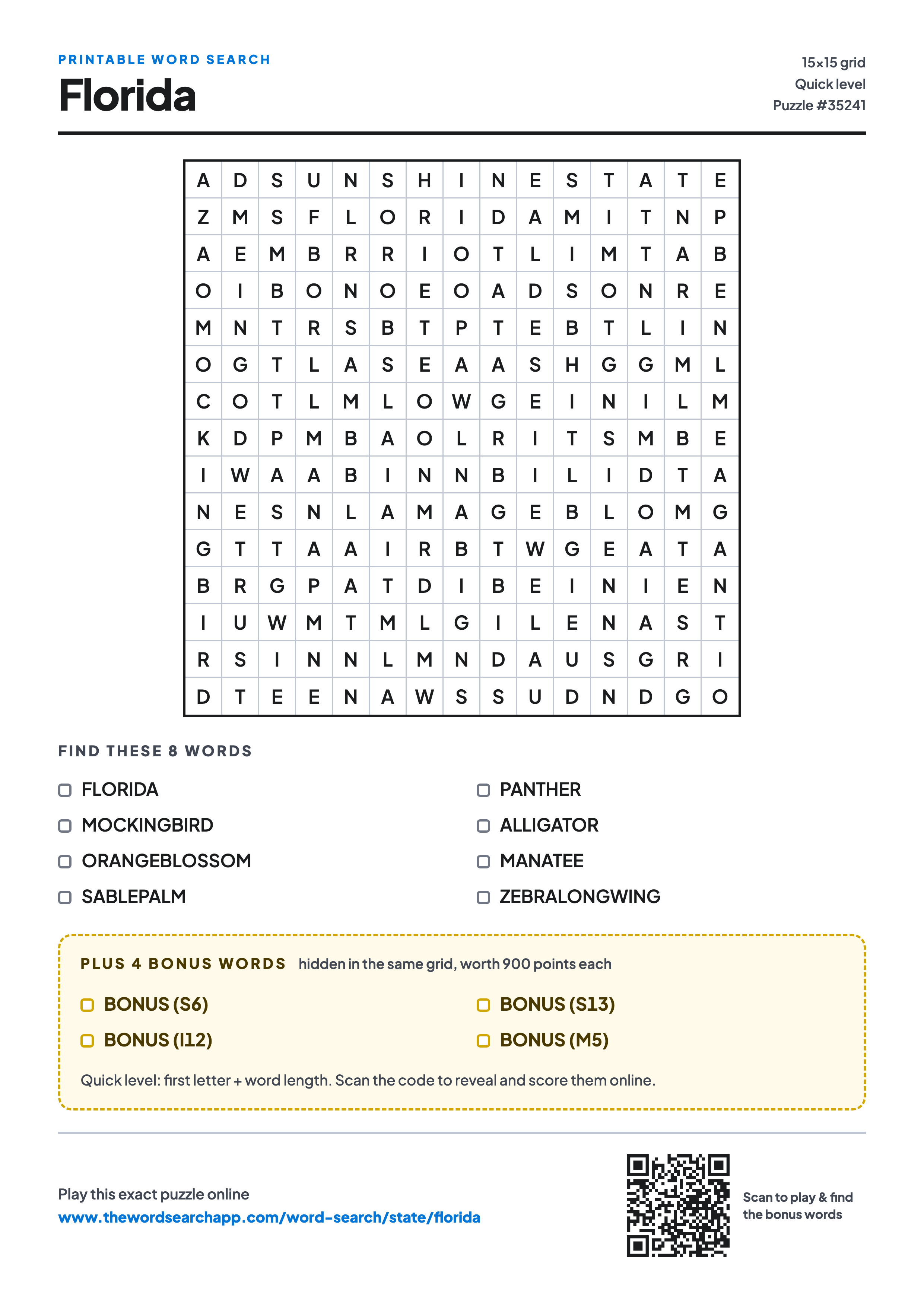 Printable Florida word search — 15×15 letter grid with 8 words to find including FLORIDA, MOCKINGBIRD, ORANGEBLOSSOM, plus 4 hidden bonus words