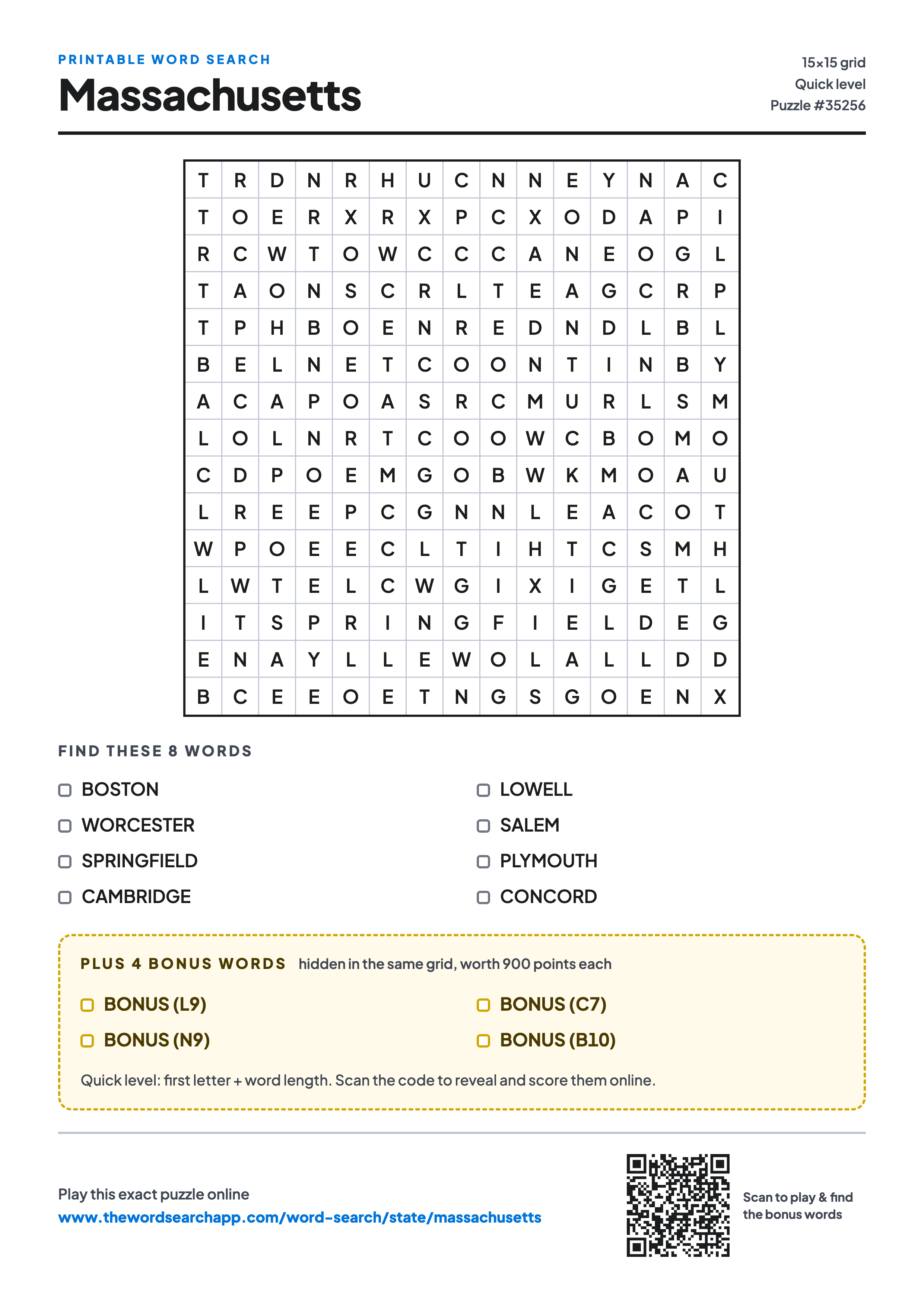 Printable Massachusetts word search — 15×15 letter grid with 8 words to find including BOSTON, WORCESTER, SPRINGFIELD, plus 4 hidden bonus words