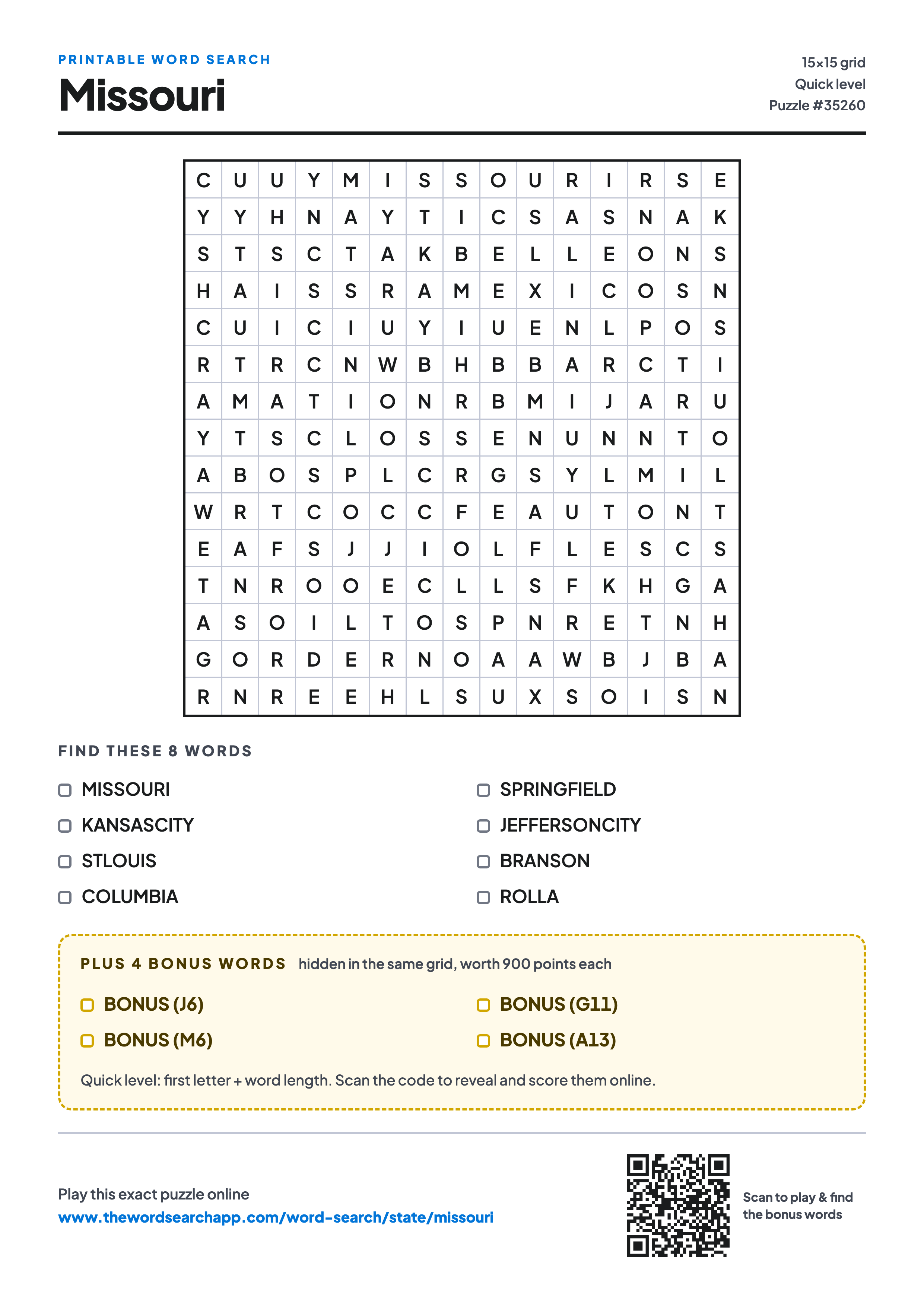 Printable Missouri word search — 15×15 letter grid with 8 words to find including MISSOURI, KANSASCITY, STLOUIS, plus 4 hidden bonus words